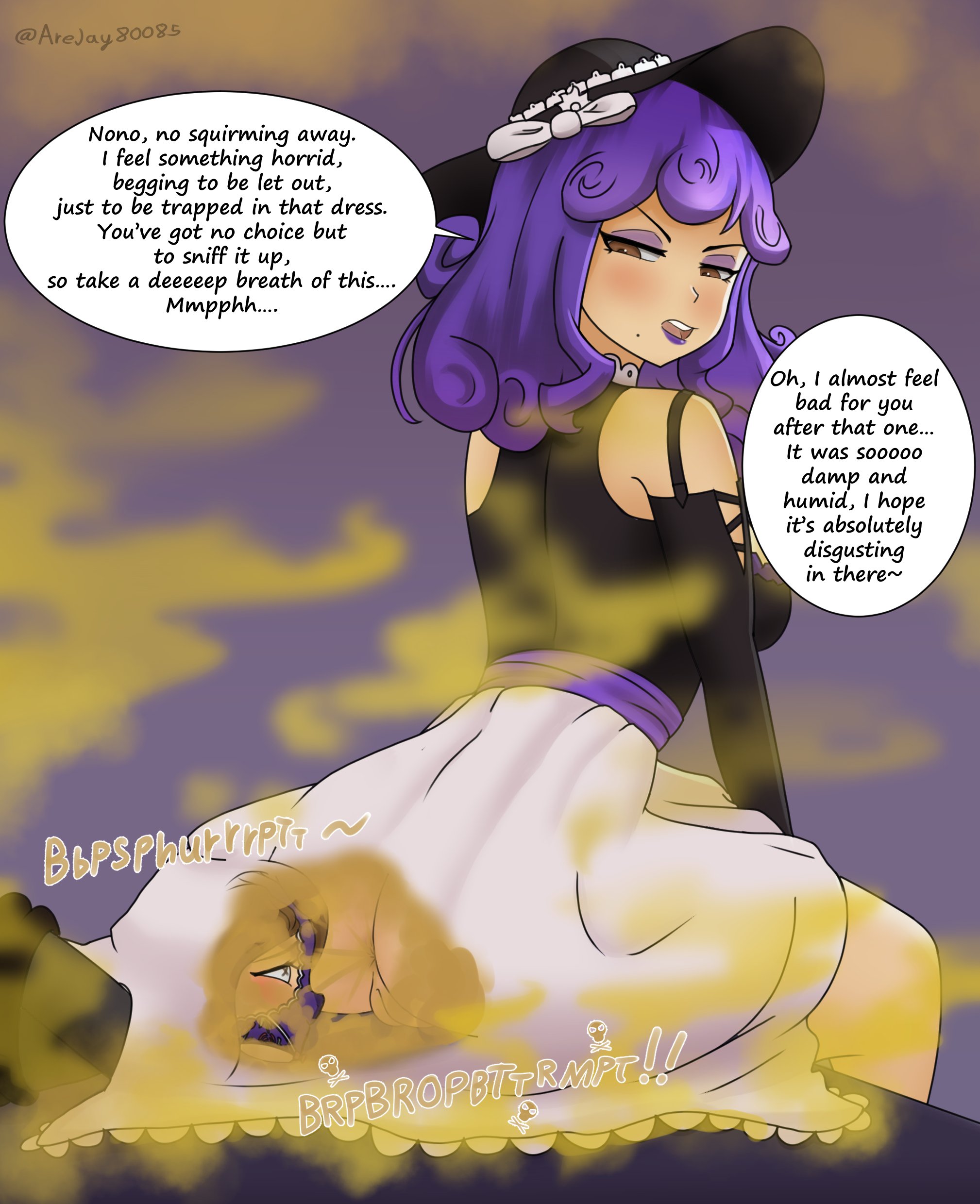 anus, arejay, ass, asshole, bondage, brown eyes, fart, fart cloud, fart everywhere, fart fetish, farting, farting in face, female, hat, lipstick, looking back, panties, panties on head, purple hair, purple lipstick, purple panties, pussy, text, text bubble, under dress, vagina, watermark