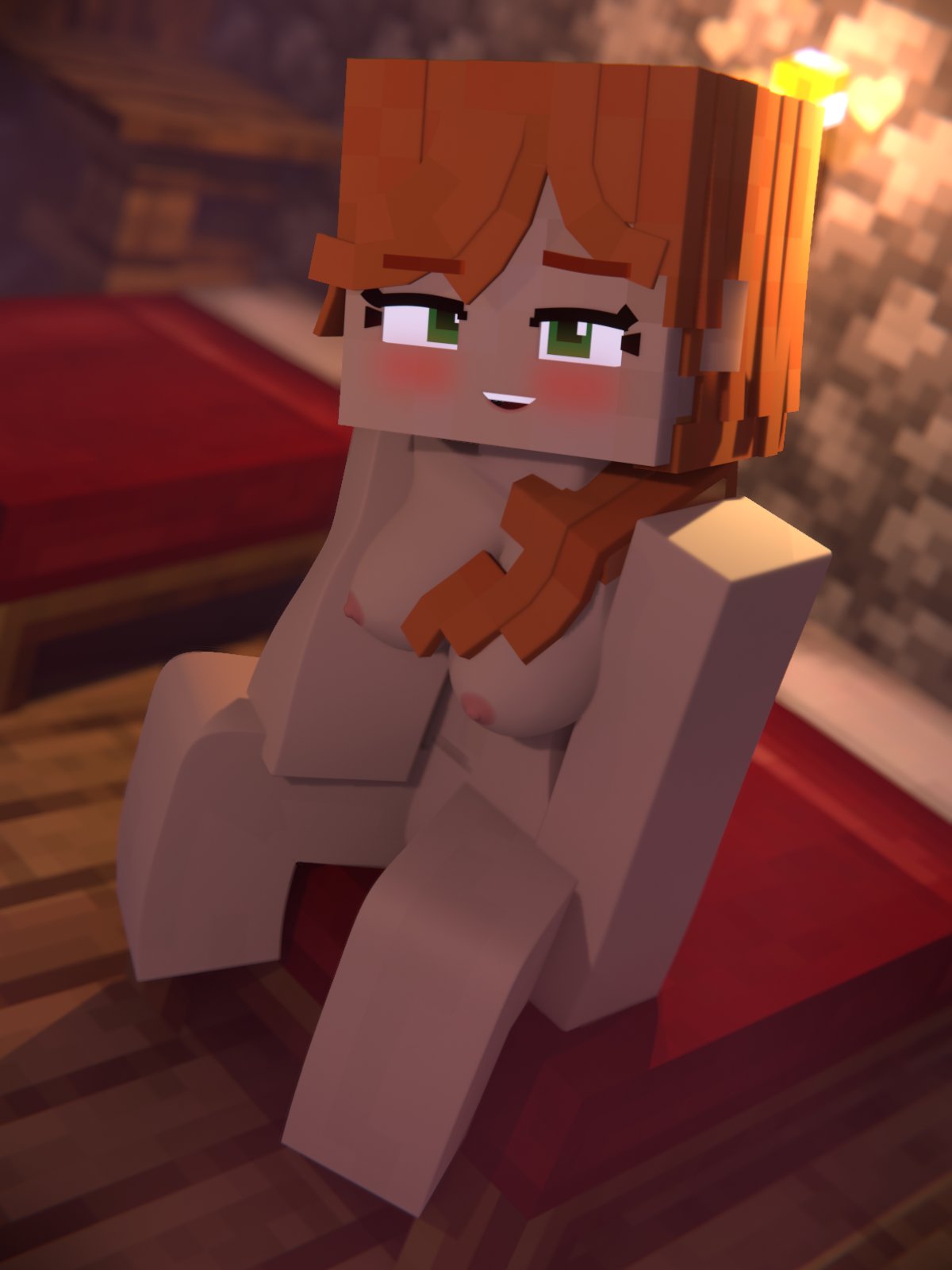 1girls 3d alex_(minecraft) bed bedroom beveledblock blush casual commission completely_nude completely_nude_female female female_only full_body green_eyes human looking_at_partner looking_at_viewer medium_breasts mine-imator minecraft naked naked_female nude nude_female orange_hair original_character outside pale_skin pov pussy sitting solo solo_female square_body tagme