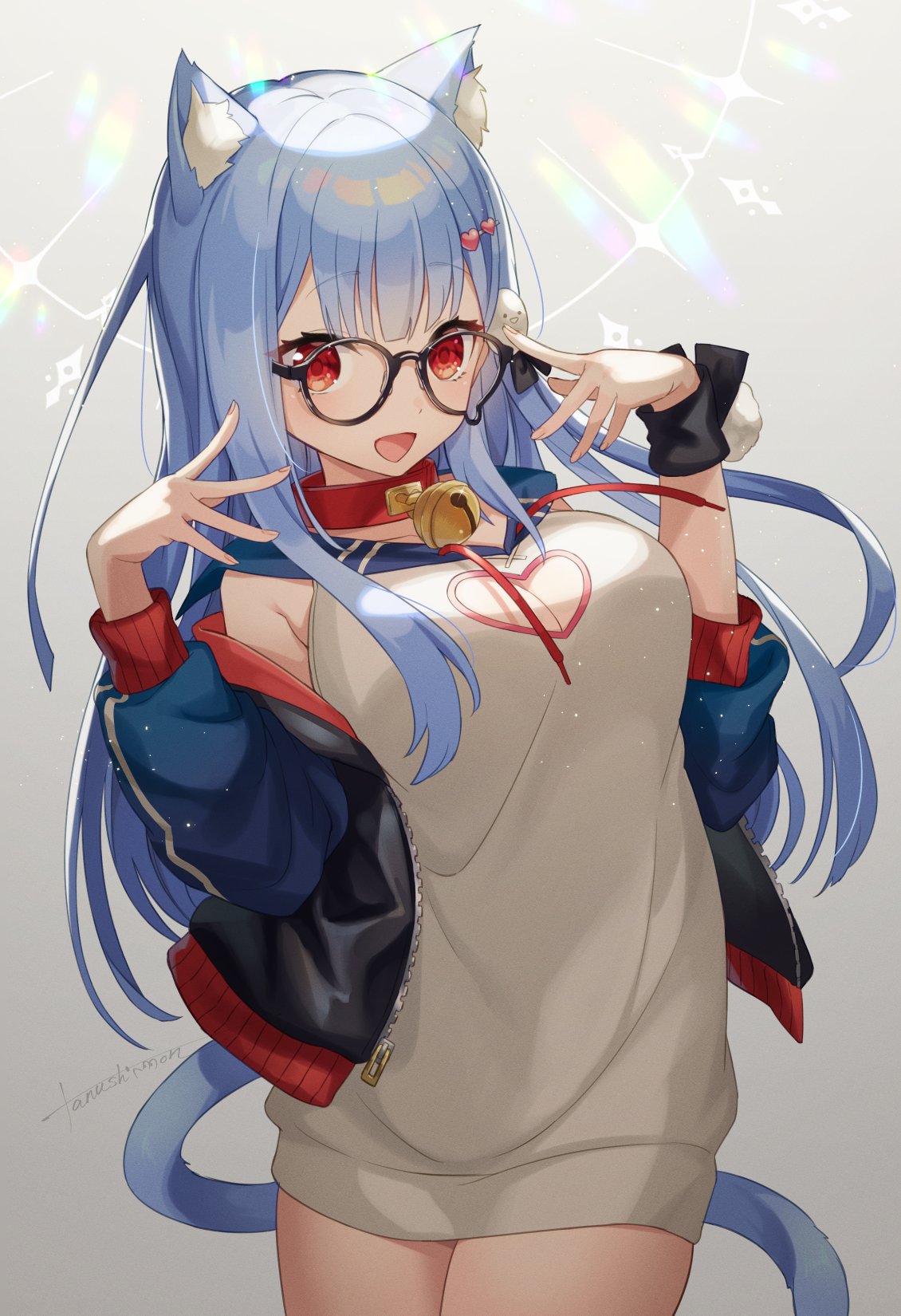 1girls bell big_breasts blue_hair breasts cat_ears cat_tail catgirl choker collar glasses long_shirt ponsco red_eyes school_uniform schoolgirl shikai_yue shirt_only thick_thighs thighs virtual_youtuber