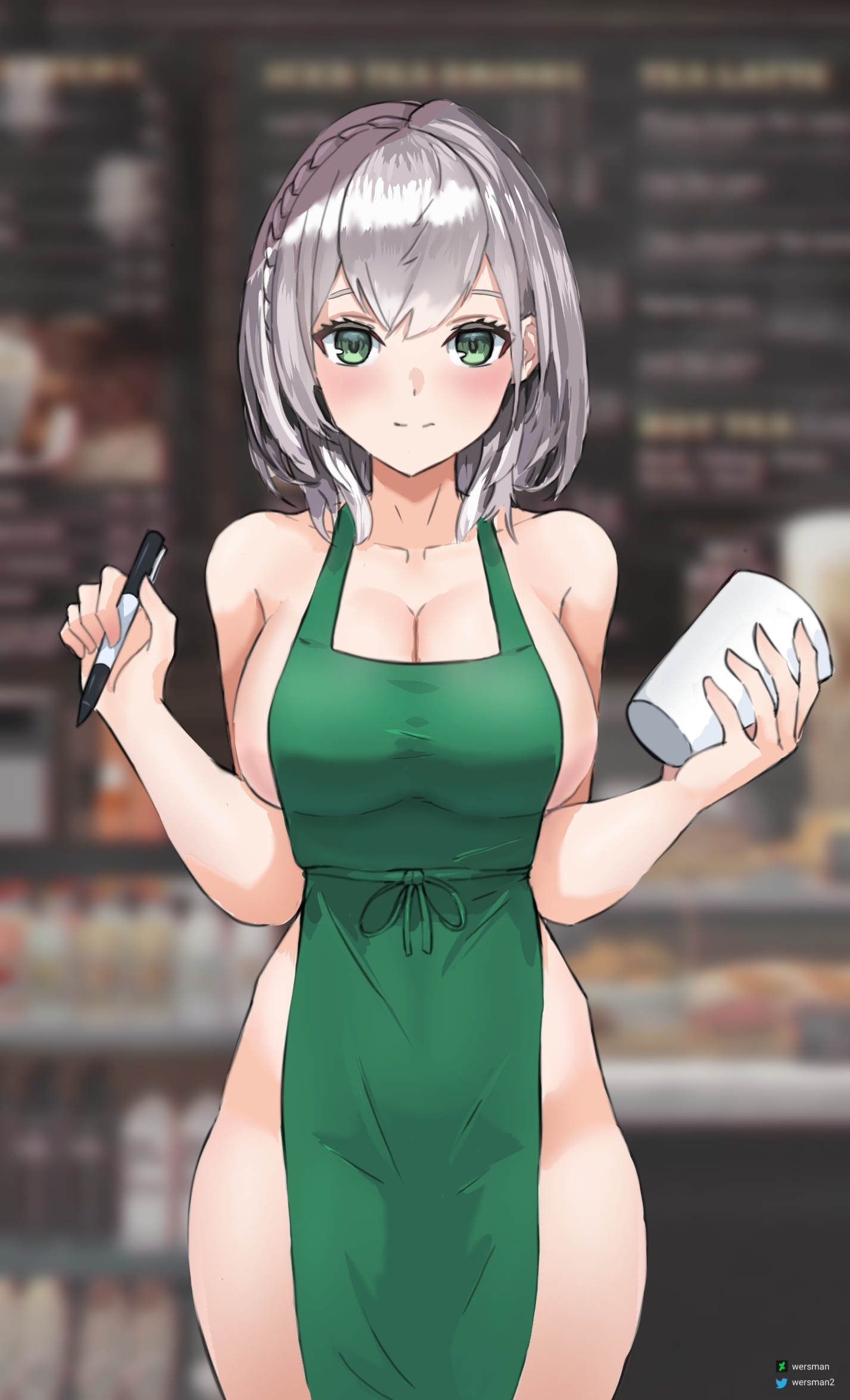 1girls, 2021, absurdres, apron, barista, big breasts, breasts, cleavage, female, female focus, female only, green apron, highres, hololive, hololive fantasy, hololive japan, iced latte with breast milk, large breasts, looking at viewer, meme, naked apron, shirogane noel, solo, solo female, solo focus, virtual youtuber, wersman