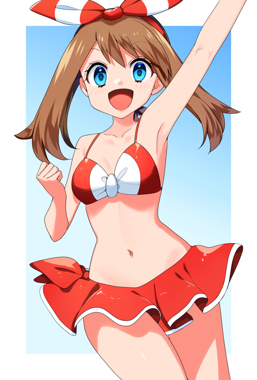 :d, blue eyes, bra, brown hair, female, may (pokemon oras), may (pokemon), pokemon, pokemon oras, skirt, smile, source deleted, yuihico