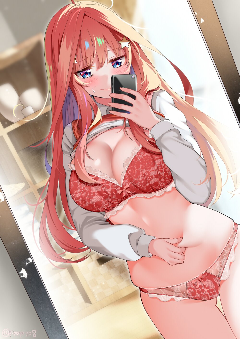 cellphone cleavage female go-toubun_no_hanayome mirror nakano_itsuki piyopoyo underwear