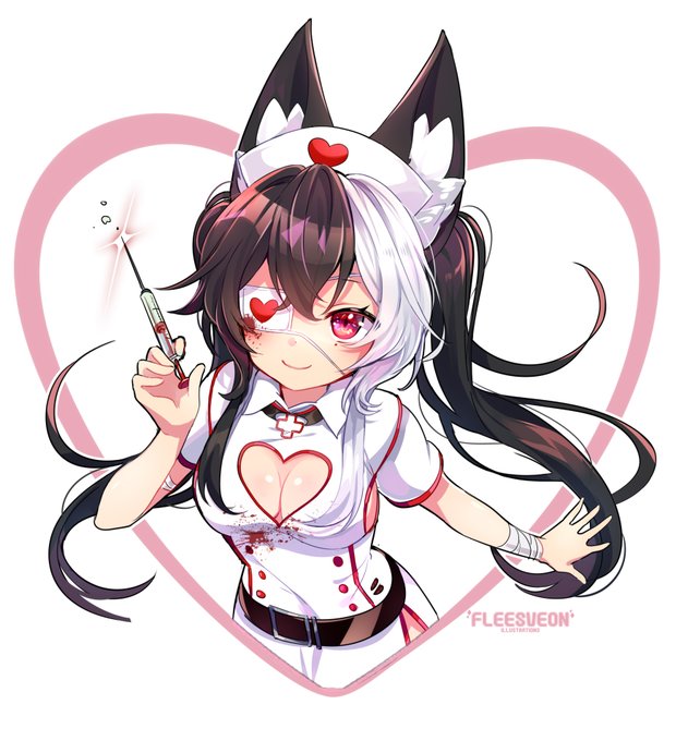 bandage blood boob_window cat_ears commission eyepatch gammainkk heart needle nurse red_eyes twintails virtual_youtuber white_hair