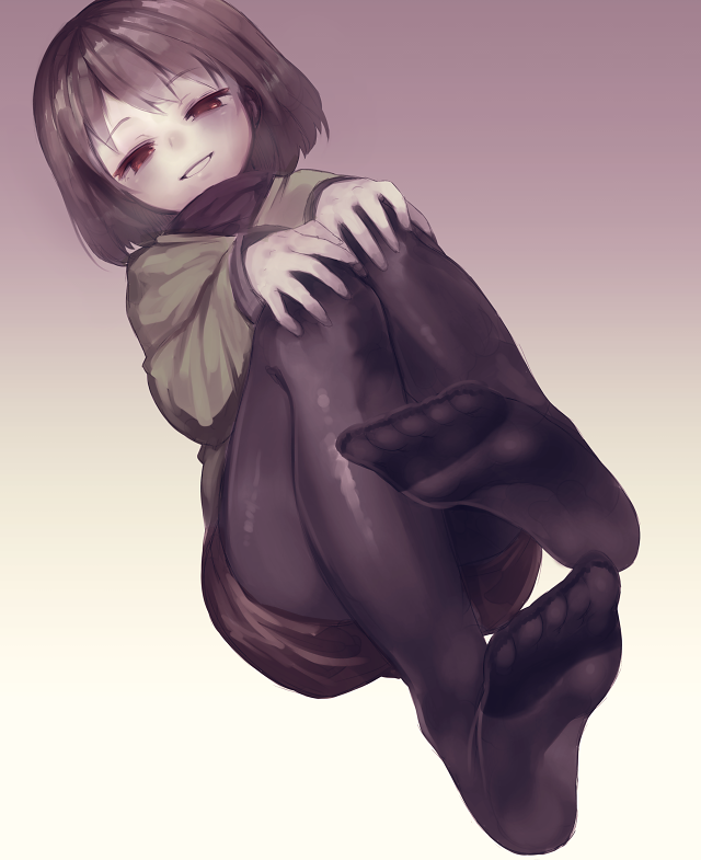 1girls, 2d, brown hair, chara, feet, female, female chara, female only, foot fetish, human, human female, human only, leggings, red eyes, short hair, smile, solo, tight clothing, undertale, undertale (series)