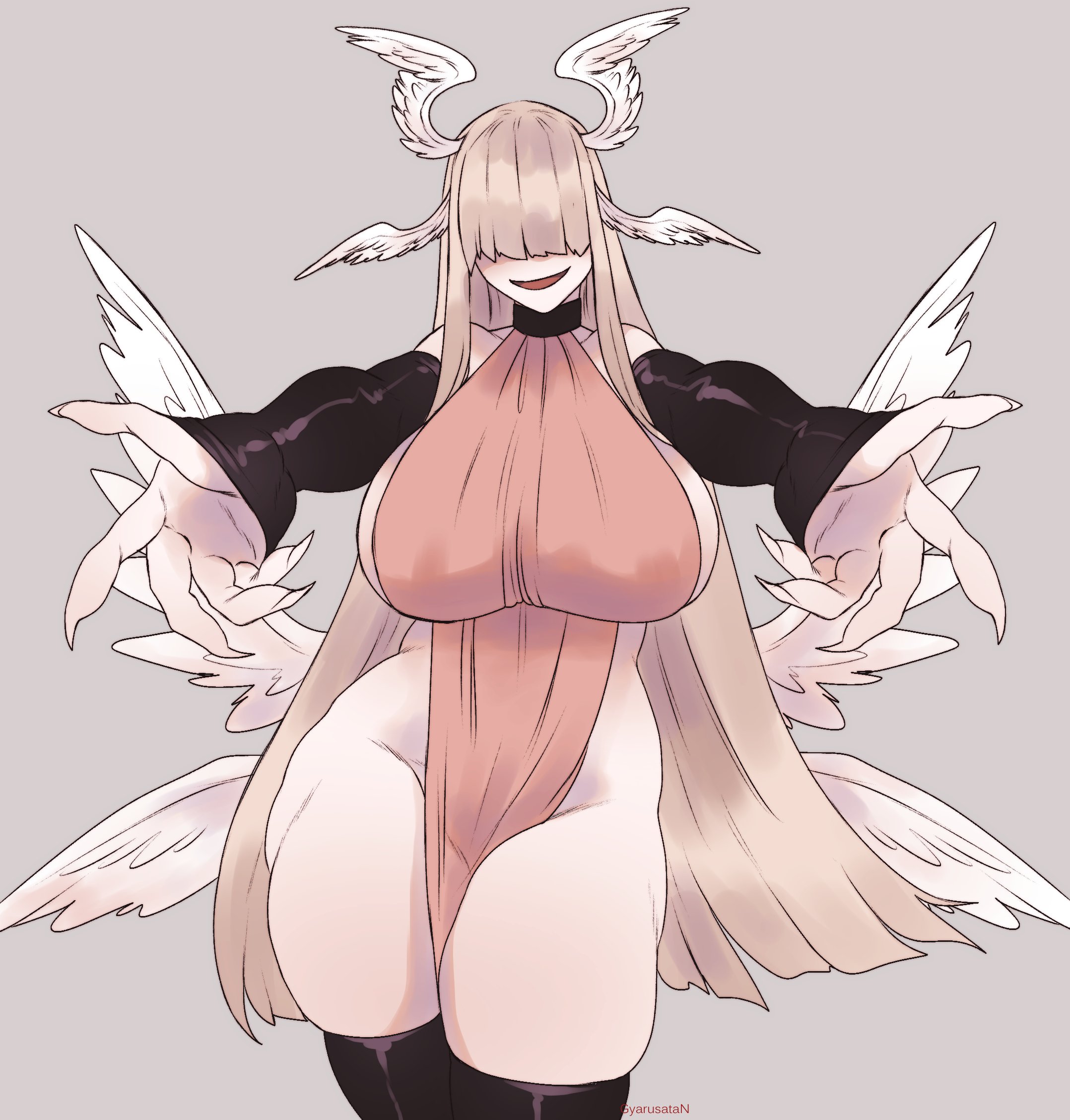 1girls, 37 (gyarusatan), big breasts, breasts, female, female only, gyarusatan, large breasts, outstretched arms, sideless outfit, solo, thick thighs, thighhighs, wide hips