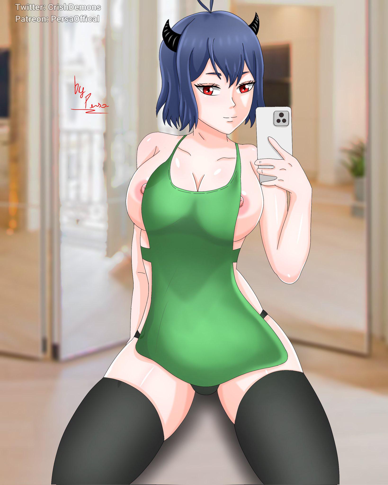 1girls, big breasts, black clover, black hair, breasts, crishdemons, female, iced latte with breast milk, meme, red eyes, secre swallowtail, selfie, short hair, starbucks