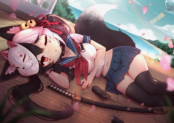 cat_ears cat_tail cute gammainkk katana kitsune laying_down red_eyes skirt sleepy stockings tail thick thighhighs virtual_youtuber winking