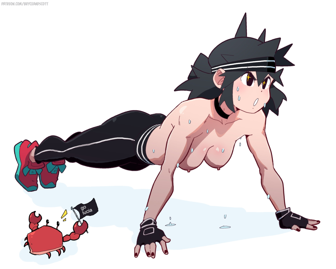 black hair, black nails, breasts, crab, female, gloves, headband, leggings, lucia (scott malin), nipples, original, push-up, scott malin, shirtless, sweat, sweatdrop, sweatpants, workout
