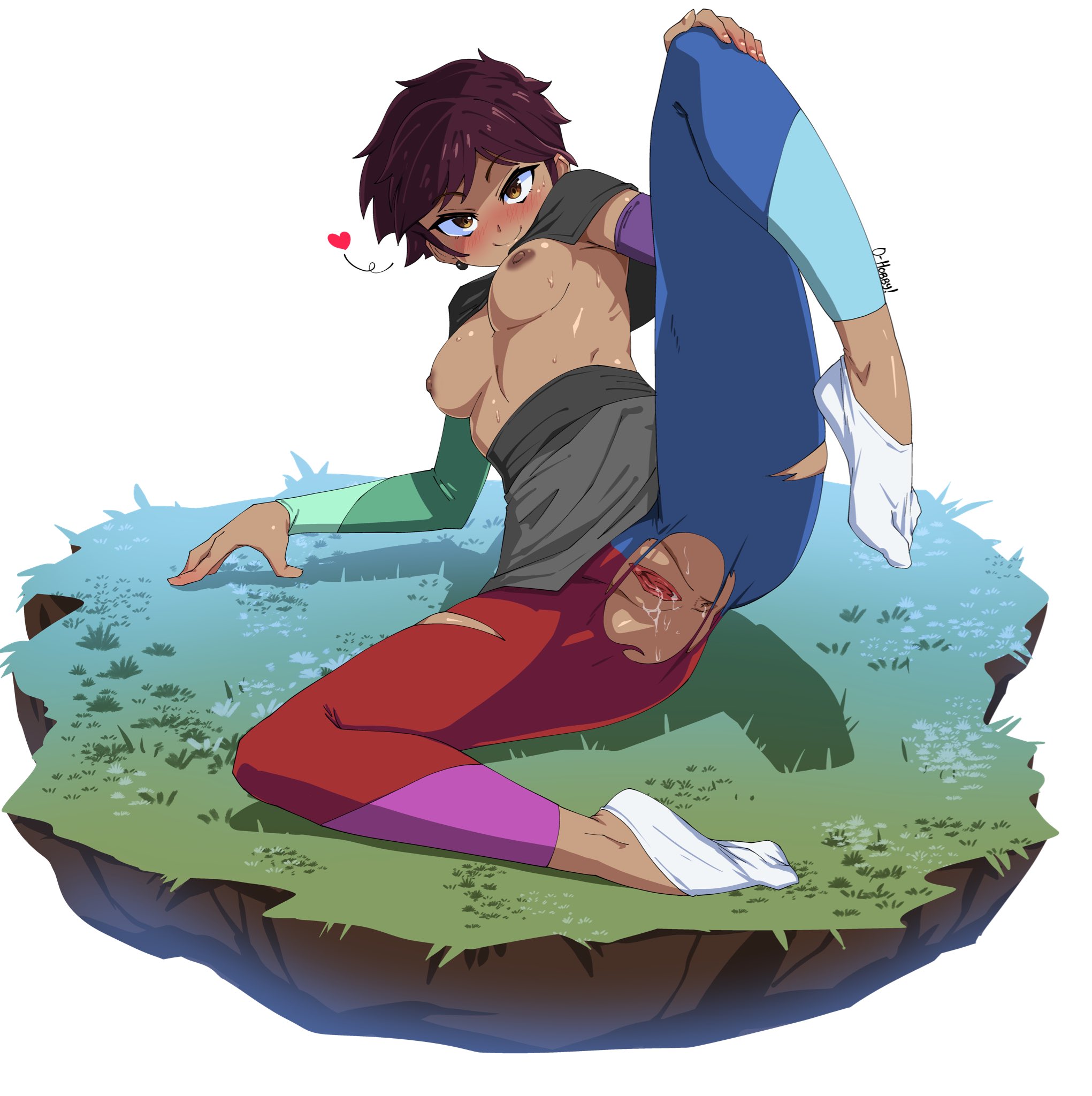 1girls, anus, arm support, armwear, asymmetrical clothes, blush, breasts, breasts out, brown eyes, brown hair, clothing, dark skin, dark-skinned female, detached sleeves, disney, disney channel, female, footwear, hand on knee, hexside uniform, highres, human, legwear, looking at viewer, luz noceda, nipples, oppaihobby, ped socks, pussy, school uniform, short hair, simple background, smile, smooth skin, socks, solo, spread legs, sweat, the owl house, tights, torn clothes, torn pants, tunic, uniform, very short hair, wet pussy, white background, white socks