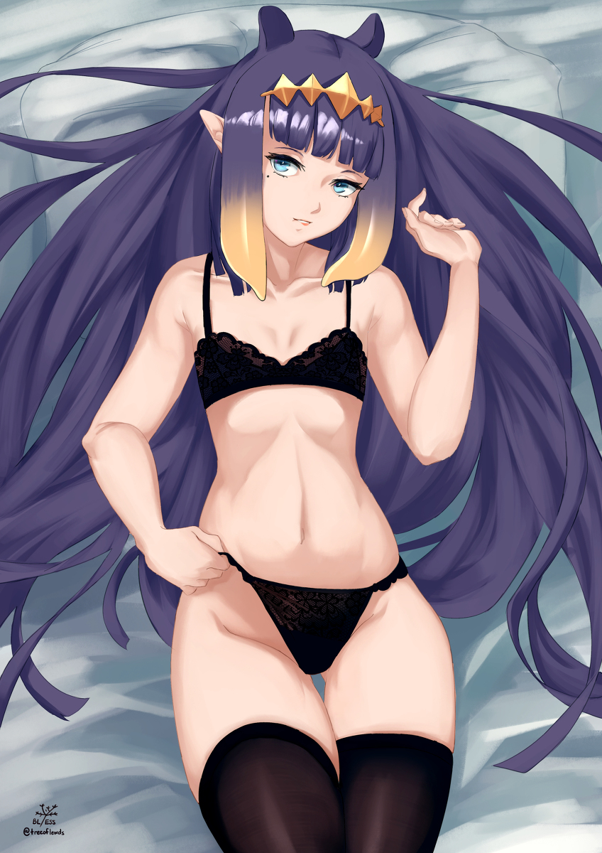 1girls bed black_bra black_panties black_stockings blue_eyes bra collarbone diadem female female_focus female_only hand_on_hair hand_on_panties highres hololive hololive_english hololive_myth light-skinned_female light_skin long_hair looking_at_viewer lying lying_on_back lying_on_bed mole mole_under_eye multicolored_hair ninomae_ina'nis pale-skinned_female pale_skin panties pointy_ears pulling_panties purple_hair ribs stockings tiara underwear underwear_only very_high_resolution very_long_hair virtual_youtuber yellow_hair