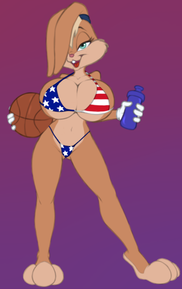 2021 american_flag american_flag_bikini anthro ball basketball_(ball) bedroom_eyes big_breasts bikini bikini_bottom bikini_top billboi bottle breasts cleavage clothed clothing female flag_bikini full-length_portrait gloves handwear holding_ball holding_bottle holding_object huge_breasts lagomorph leporid lola_bunny looking_at_viewer looney_tunes mammal narrowed_eyes one_eye_obstructed open_mouth open_smile portrait rabbit seductive smile solo swimwear warner_brothers