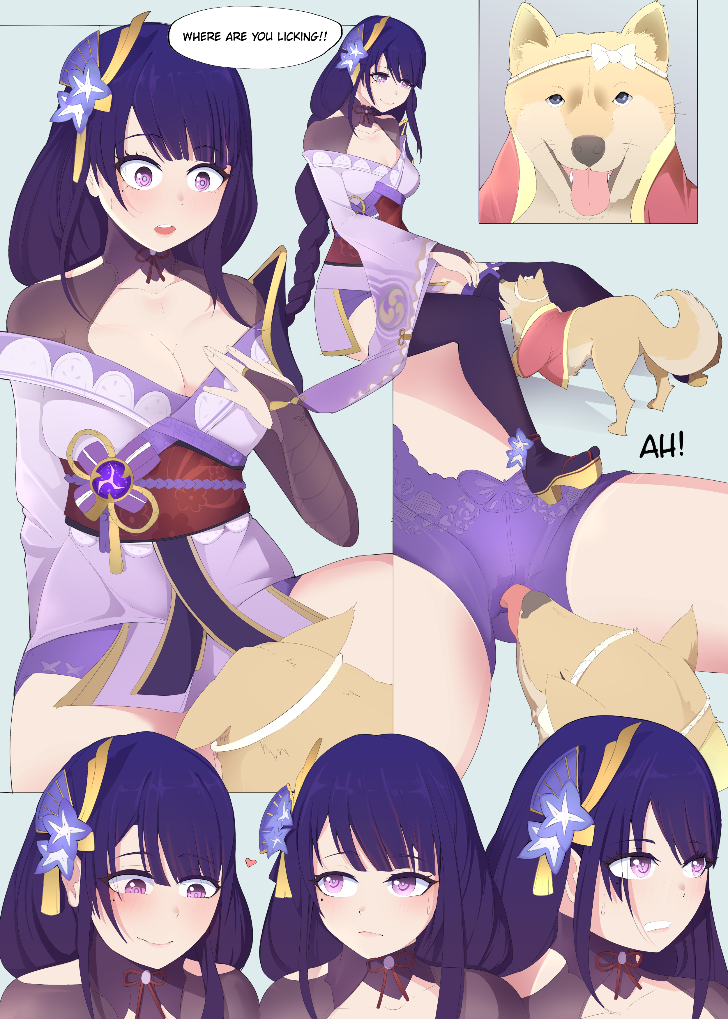 1animal, 1boy, 1girls, blush, domestic dog, female, genshin impact, interspecies, licking, male, neovixtadiz, purple eyes, purple hair, raiden shogun, size difference, smaller male, thick thighs, thighs, zoophilia