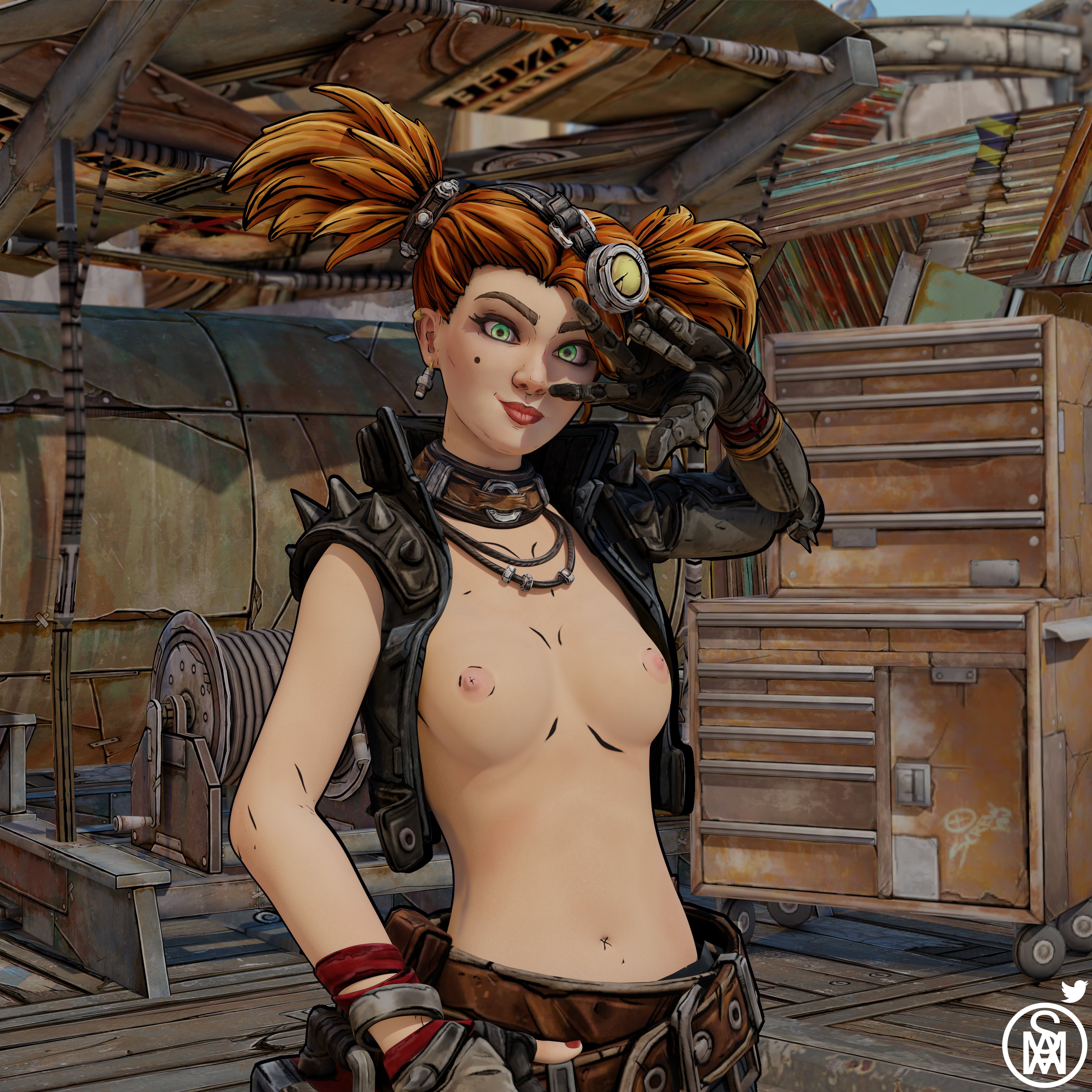 1girls, 3d, blender, borderlands, borderlands 3, breasts, casual, cybernetics, female, female only, gaige (borderlands), gloves, goggles, green eyes, middlemansfm, nipples, no bra, no shirt, orange hair, robotic arm, small breasts, solo, solo female, vest, white skin