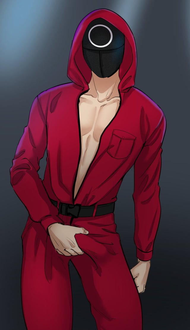 1boy, 2021, abs, belt, black belt, black gloves, black mask, circle (squid game), gloves, grabbing own penis, kotokotek, looking at viewer, male, male only, mask, netflix, penis, pink guard, simple background, squid game, white skin