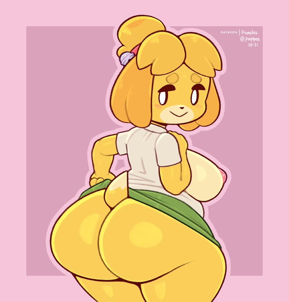2021, animal crossing, anthro, ass, ass crack, big ass, big breasts, big butt, blonde hair, bottomless, bottomwear, breasts, butt crack, canid, canine, canis, clothed, clothing, domestic dog, female, frumples, fur, furry, furry only, hair, huge ass, huge butt, isabelle (animal crossing), looking back, mammal, nintendo, no underwear, presenting, presenting hindquarters, raised bottomwear, raised clothing, raised skirt, skirt, solo, tail, teasing, thick thighs, video games, yellow body