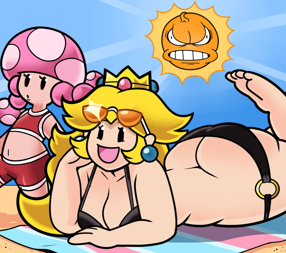 2girls angry_sun ass ass_cleavage beach big_ass big_breasts big_butt bikini black_bikini black_eyes blonde_hair breasts butt_crack crown fat_ass light-skinned_female light_skin mario_(series) multiple_girls nintendo paper_mario paper_peach pink_bikini princess_peach smile sun sunglasses sunglasses_on_head superspoe tagme toadette