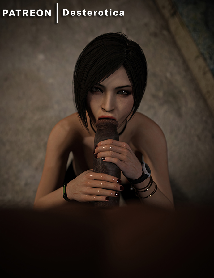 3d ada_wong ada_wong_(adriana) capcom cock_worship dark-skinned_male dest desterotica eye_contact fellatio interracial looking_up naughty_face oral partial_male red_lipstick resident_evil resident_evil_2 seductive_eyes seductive_look