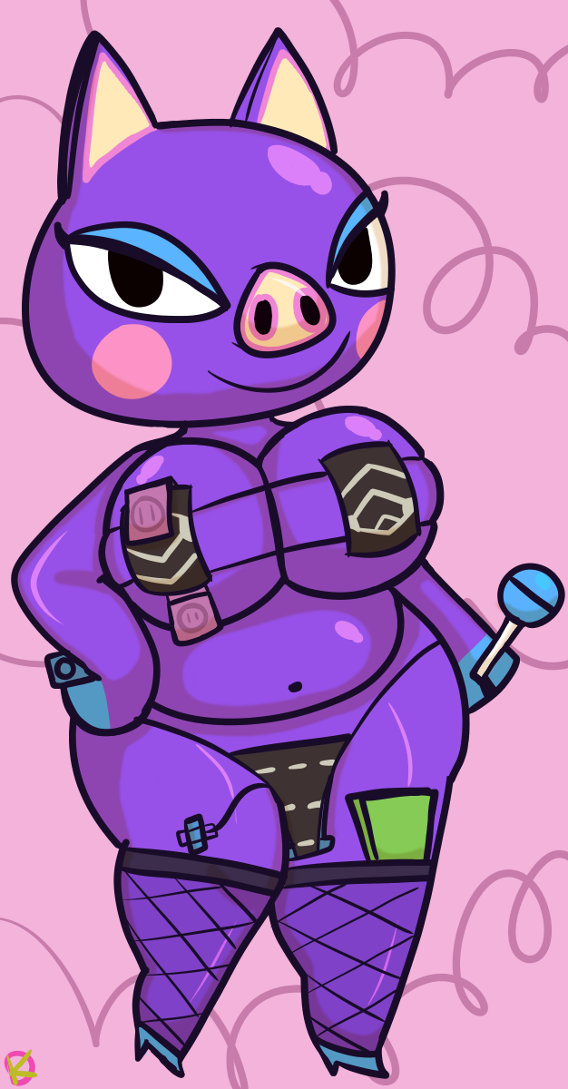 2021 animal_crossing barely_clothed big_breasts bikini chubby_female condom condom_wrapper eyepatch_bikini fishnet_stockings half-closed_eyes klutzatdusk nintendo shortstack skimpy sue_e_(animal_crossing) wide_hips