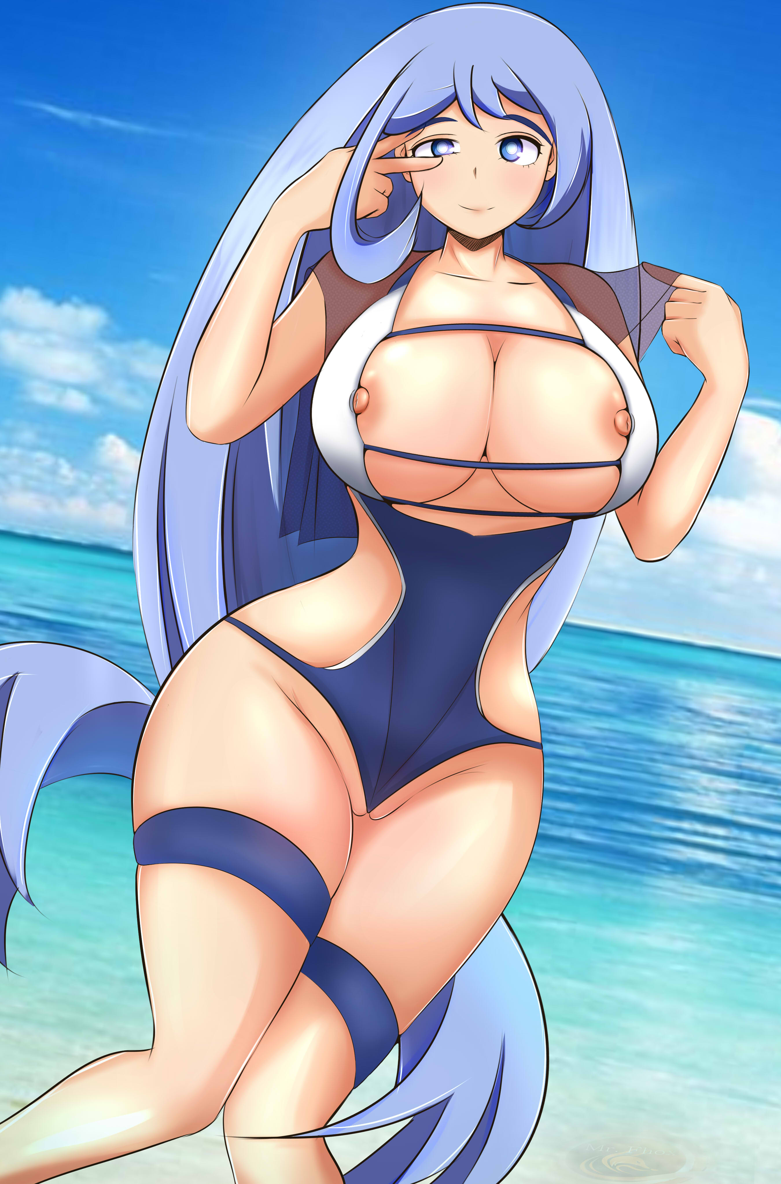 1girls, areolae, beach, big breasts, blue eyes, blue fur, blue hair, blue-haired female, breasts, female, huge breasts, large breasts, long hair, mfhox, my hero academia, nejire hado, nipples, solo, standing, thick thighs, thighs, wide hips