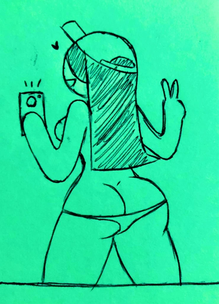 ass bad_id bad_newgrounds_id breast breasts cap cellphone curvy_body dj_exit_(minus8) female female_focus green_skin hair half-dressed heart_emote keenobishinobi panties peace_sign selfie tagme taking_selfie