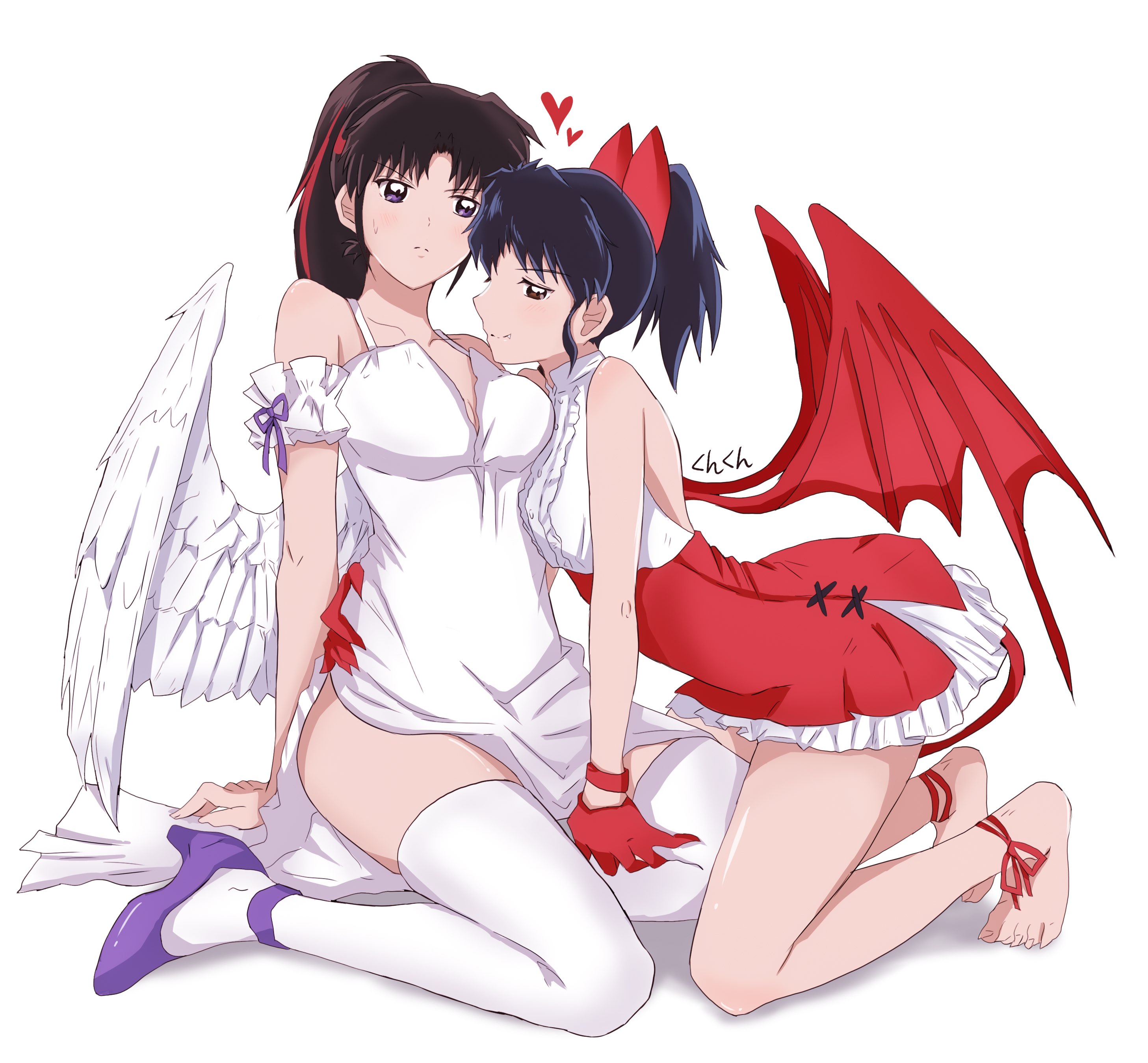 2girls, angel, angel wings, artist request, costume, cousins, devil, devil horns, devil tail, fang out, fangs, female, female only, hearts, hearts around head, incest, inuyasha, moroha, multiple girls, oerba yun fang, setsuna (yashahime), suggestive, suggestive look, suggestive pose, wings, yashahime: princess half-demon, yuri