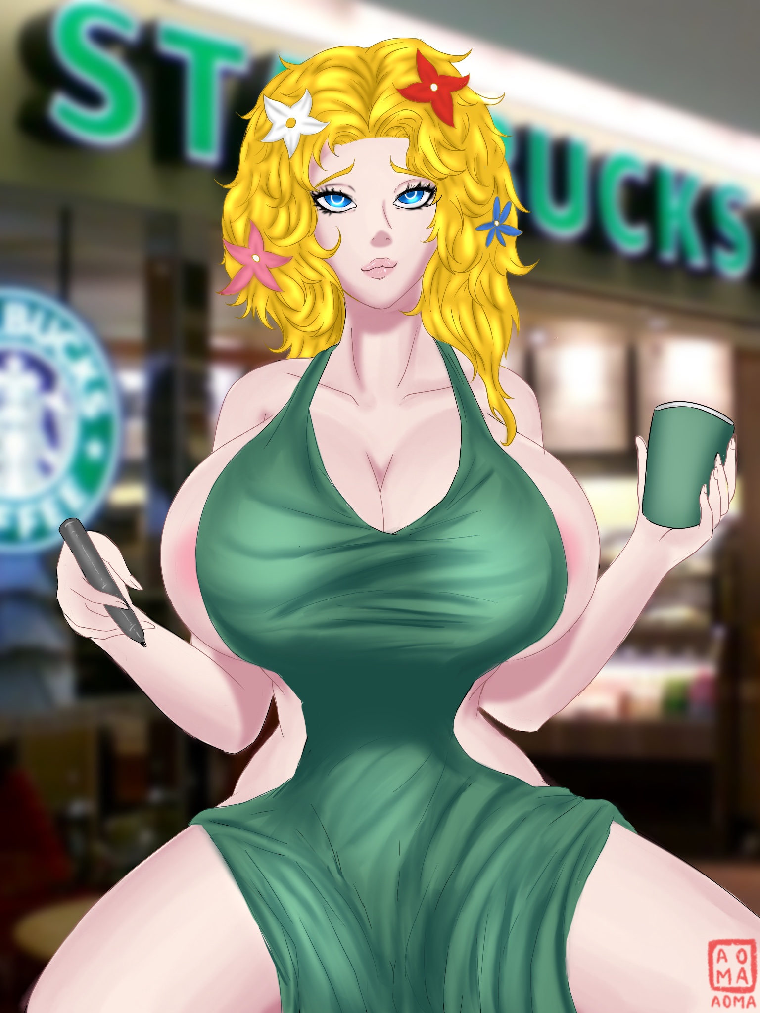 1girls, aoma, aphrodite (shuumatsu no valkyrie), apron, big breasts, blonde hair, breasts, female, huge breasts, iced latte with breast milk, meme, shuumatsu no valkyrie, tagme