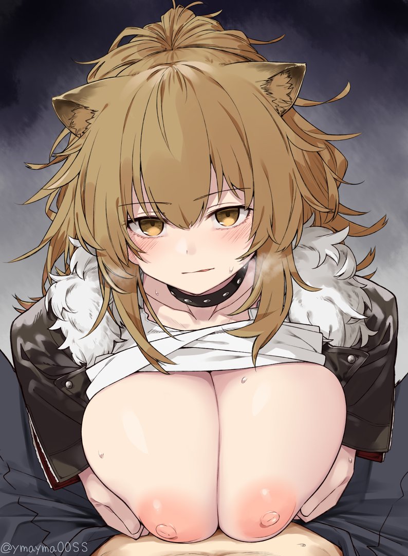 1:1, 1boy, 1girls, arknights, big breasts, breasts, busty, doctor (arknights), female, huge breasts, large breasts, light skin, light-skinned female, light-skinned male, male, nipples, paizuri, siege (arknights), voluptuous, yellow eyes, yellow hair, ymayma00ss