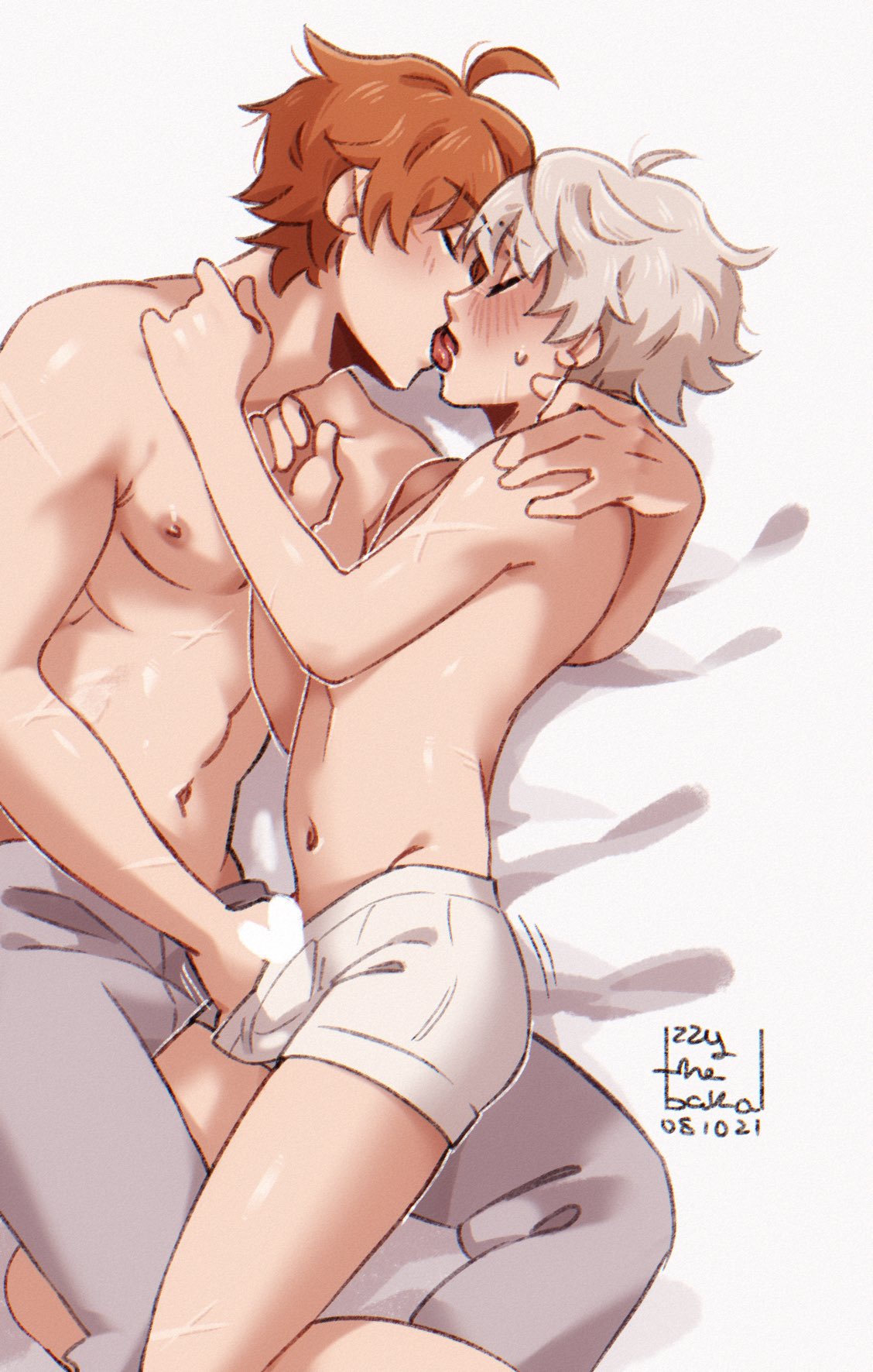 2boys bennett_(genshin_impact) blonde_hair blush censored censored_penis childe_(genshin_impact) closed_eyes french_kiss french_kissing gay genshin_impact ginger grabbing_penis hand_in_pants izzythebaka making_out orange_hair tartaglia_(genshin_impact) thighs tongue tongue_kiss tongue_out