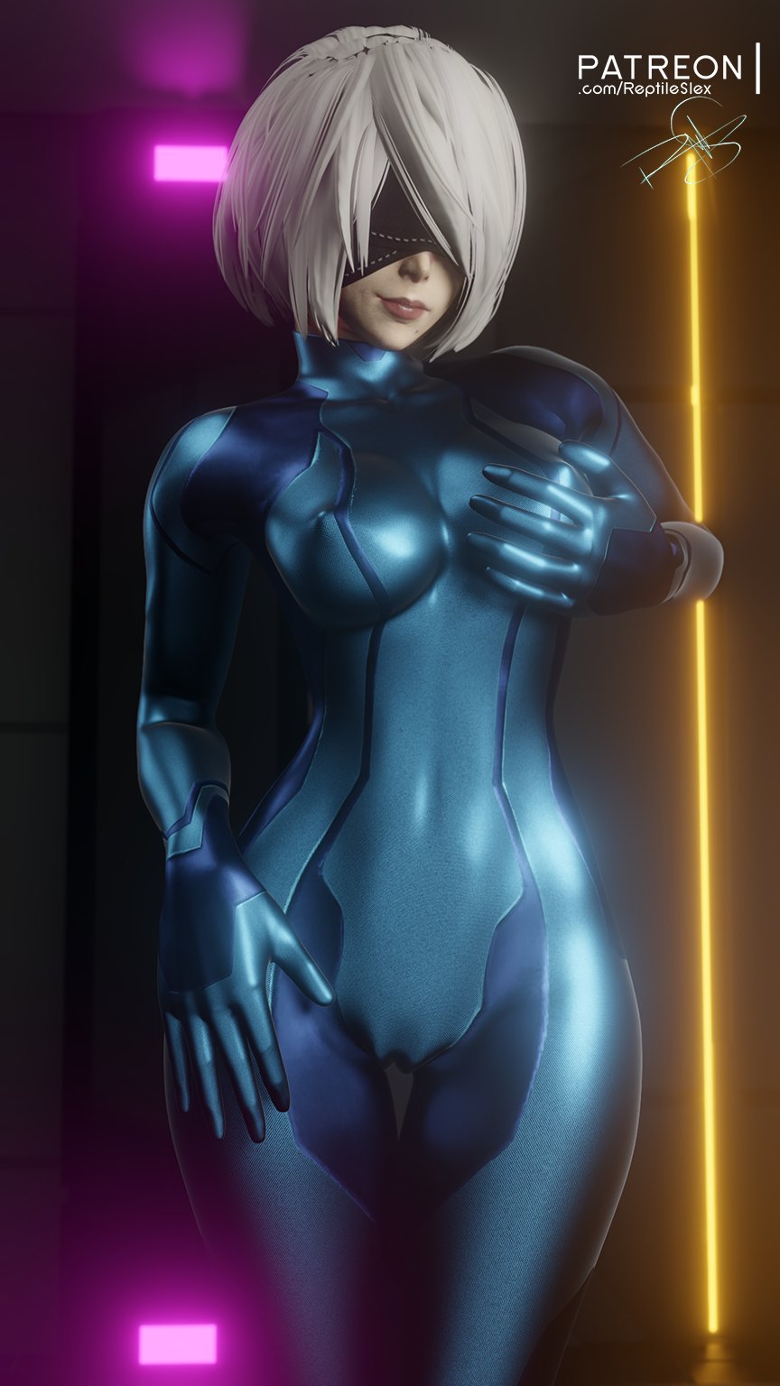 1girls, 3d, alenabyss, beauty mark, blindfold, bodysuit, breasts, cameltoe, clothed, cosplay, crossover cosplay, erect nipples, female, female only, large breasts, lipstick, metroid, nier: automata, nipples, nipples visible through clothing, pussy, self fondle, skin tight, smile, solo, thigh gap, white hair, yorha 2b, zero suit
