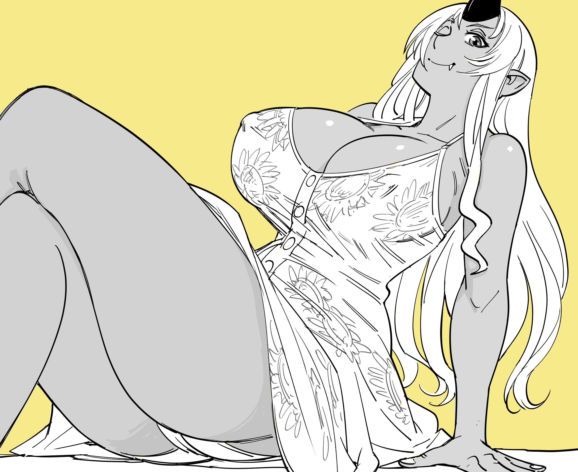 1girls, bb (baalbuddy), big breasts, breasts, crossed legs, dark skin, dark-skinned female, dress, female, female only, hi res, horn, huge breasts, humanoid, japanese mythology, long hair, looking at viewer, monochrome, monster girl, monster musume no iru nichijou, mythology, nipple bulge, oni, pointy ears, public domain, sitting, solo, solo female, thick thighs, tionishia, wink, winking at viewer, yellow background