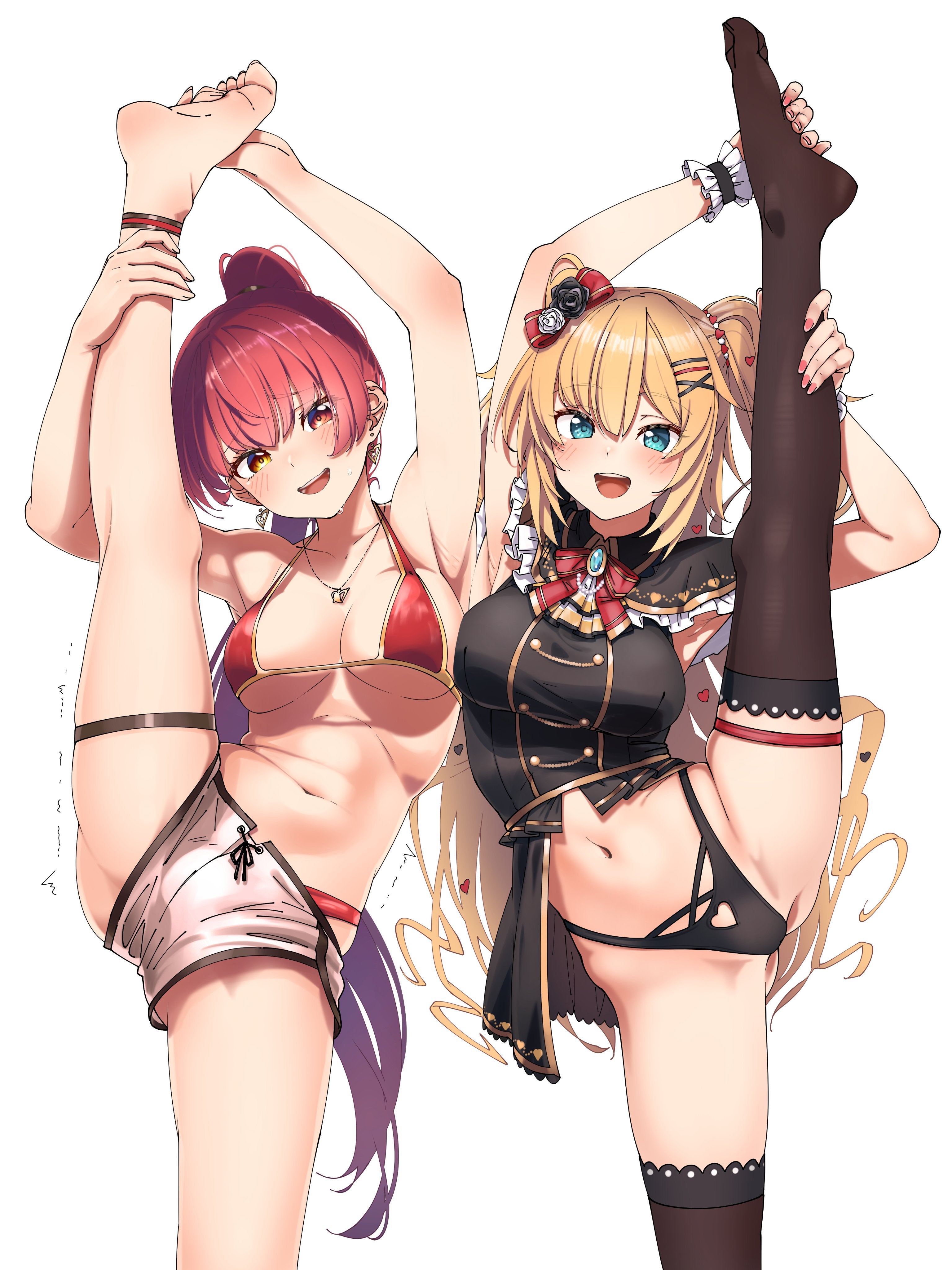 2girls, akai haato, armpits, bangs, belly, belly button, big breasts, bikini, bikini top, blonde hair, blue eyes, blush, bracelet, breasts, dolphin shorts, embarrassed, feet, feet up, female, female only, fingernails, ginger, haachama, heart cutout, hololive, hololive fantasy, hololive gen 1, hololive japan, houshou marine, lace, large breasts, legs, lingerie, long hair, looking at viewer, midriff, nail polish, necklace, orange hair, pink nails, presenting, red eyes, red hair, senchou, short shorts, shorts, smile, smiling, splits, standing, standing split, stockings, sweat, sweatdrop, toenails, unknown artist, virtual youtuber