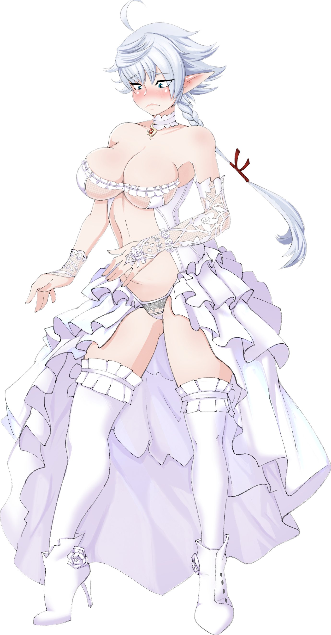 1girls, alisaie leveilleur, big breasts, blue eyes, blush, braided hair, breasts, cleavage, elezen, elf ears, eyebrows visible through hair, female, final fantasy, final fantasy xiv, hair ribbon, heels, pointy ears, ponytail, redshyheart, revealing clothes, solo, solo female, solo focus, square enix, stockings, thighhighs, thighs, wedding dress, white hair