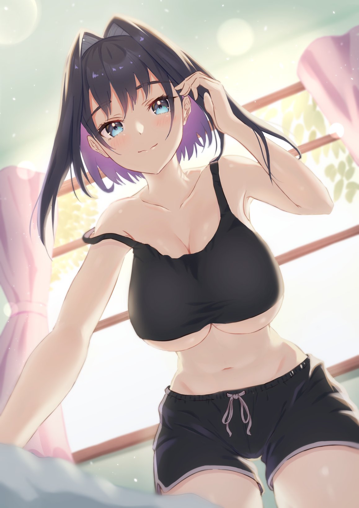 1girls, alternate breast size, barely contained, bedamame, big breasts, blue eyes, blue hair, blush, breasts, female, hololive, hololive english, hololive english -council-, hololive english -promise-, huge breasts, large breasts, midriff, navel, ouro kronii, purple hair, revealing clothes, solo, thighs, virtual youtuber