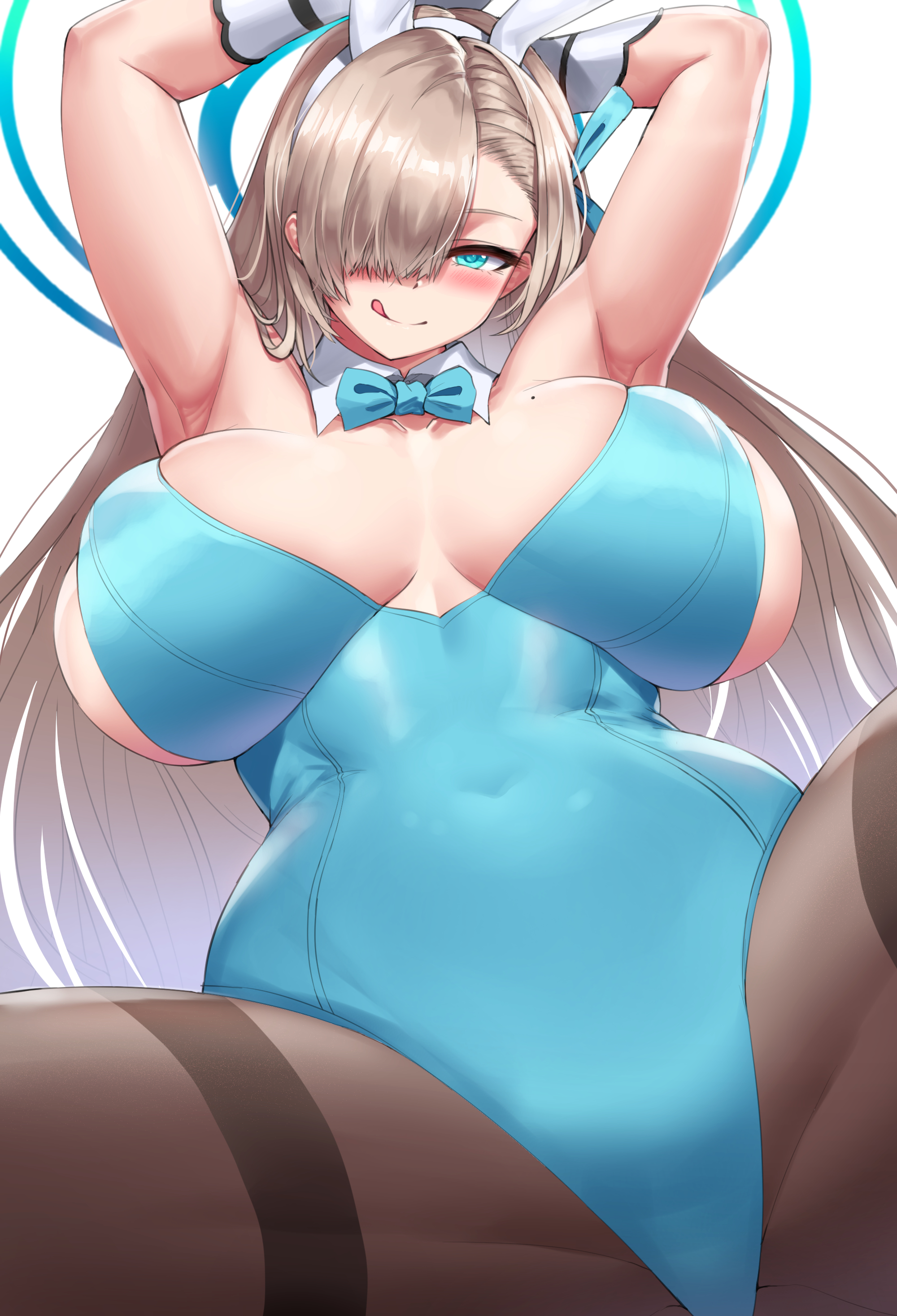 1girls, 2021, arms up, asuna (blue archive), asuna (bunny) (blue archive), barely contained, blonde hair, blue archive, blue eyes, blue leotard, bowtie, breasts, bunny ears, bunny girl, bunnysuit, cho!cho!, cleavage, detached collar, female, female focus, female only, hair over one eye, hi res, highleg leotard, huge breasts, leaning back, leotard, long hair, millennium science school student, naughty face, sheer legwear, sideboob, slim waist, smile, suggestive look, thick thighs, thighs, tights, tongue, tongue out, very long hair
