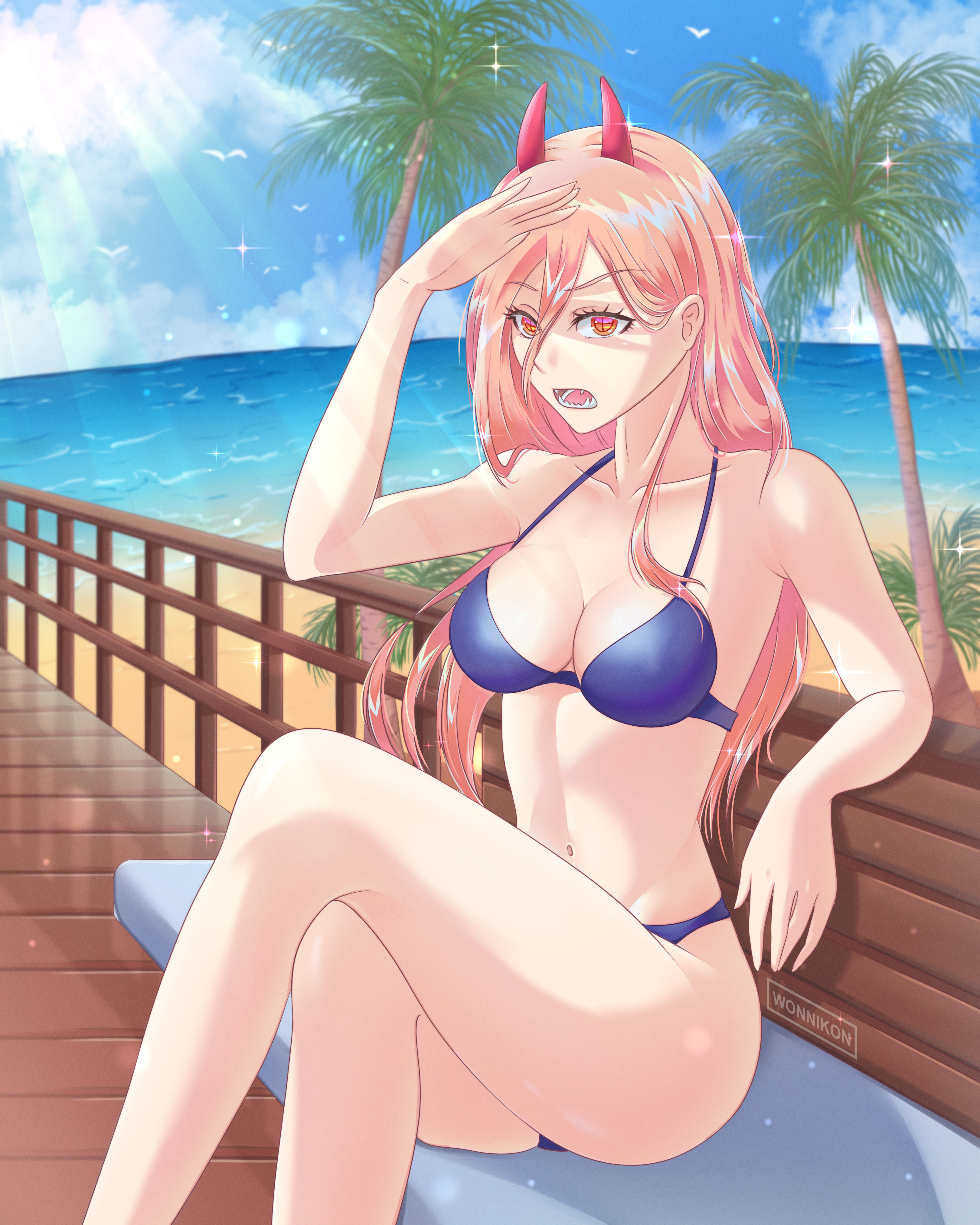 1girls, beach, bikini, blonde hair, chainsaw man, demon, demon girl, demon horns, eye contact, eyebrows visible through hair, female, female artist, female only, horns, light skin, light-skinned female, looking at viewer, outside, power (chainsaw man), solo, thick thighs, thighs, wonnikon
