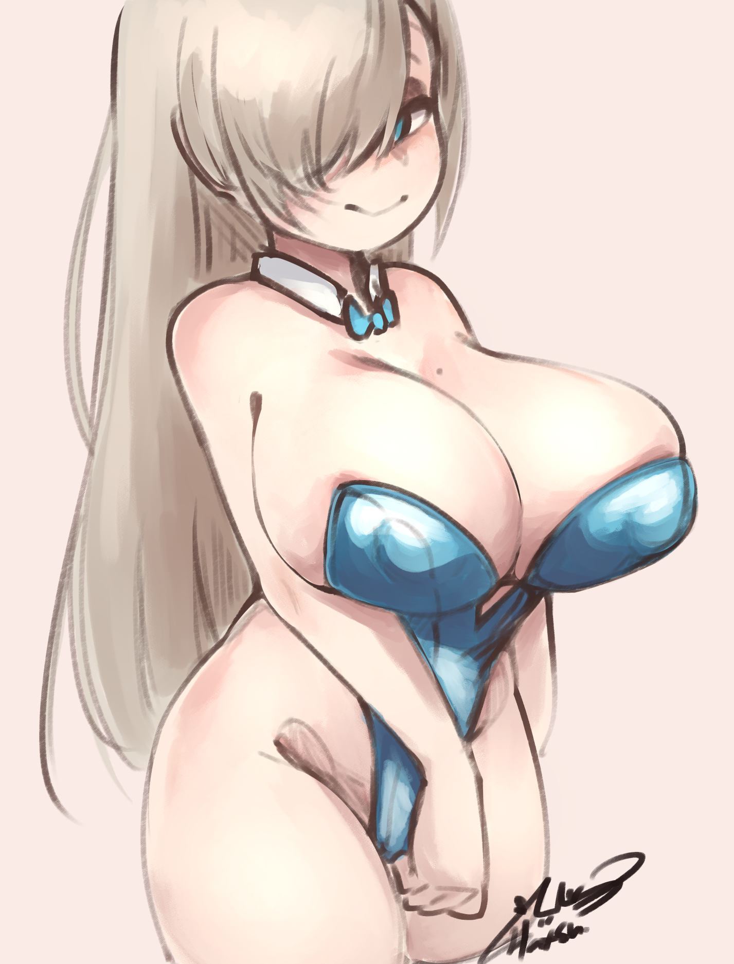 1girls, asuna (blue archive), asuna (bunny) (blue archive), big breasts, blue archive, blue eyes, breasts, bunny ears, bunnysuit, cleavage, female, female only, hatsumiilkshake, large breasts, leotard, light skin, light-skinned female, millennium science school student, pantyhose, solo, standing, thick thighs, thighs