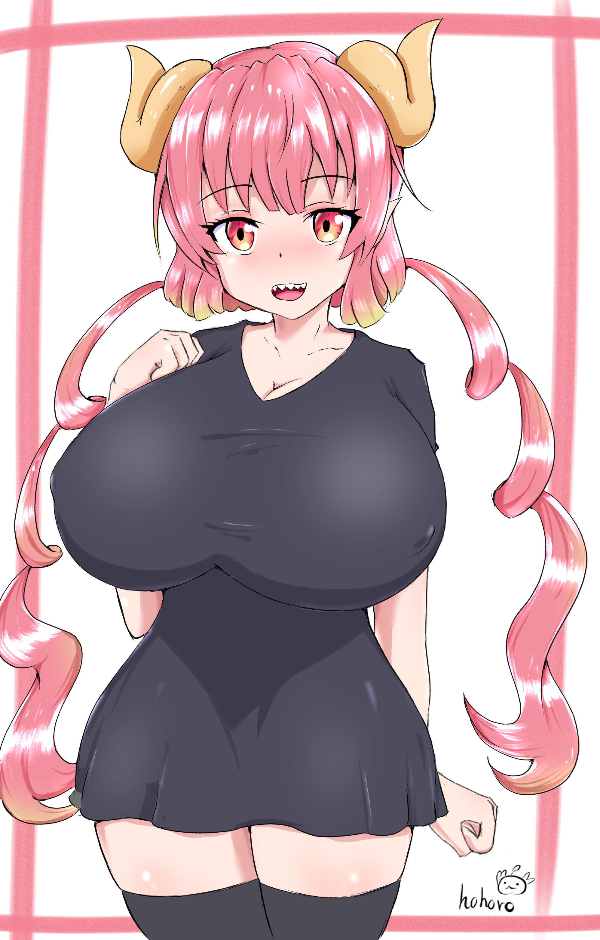 1girls, big breasts, blush, breasts, dress, eyebrows visible through hair, female, female focus, female only, hand on breast, hohoro, horns, huge breasts, ilulu (dragon maid), large breasts, long hair, miss kobayashi's dragon maid, open mouth, pink hair, red eyes, shortstack, simple background, solo, solo female, solo focus, teeth, thick, thighhighs, thighs, tight clothing