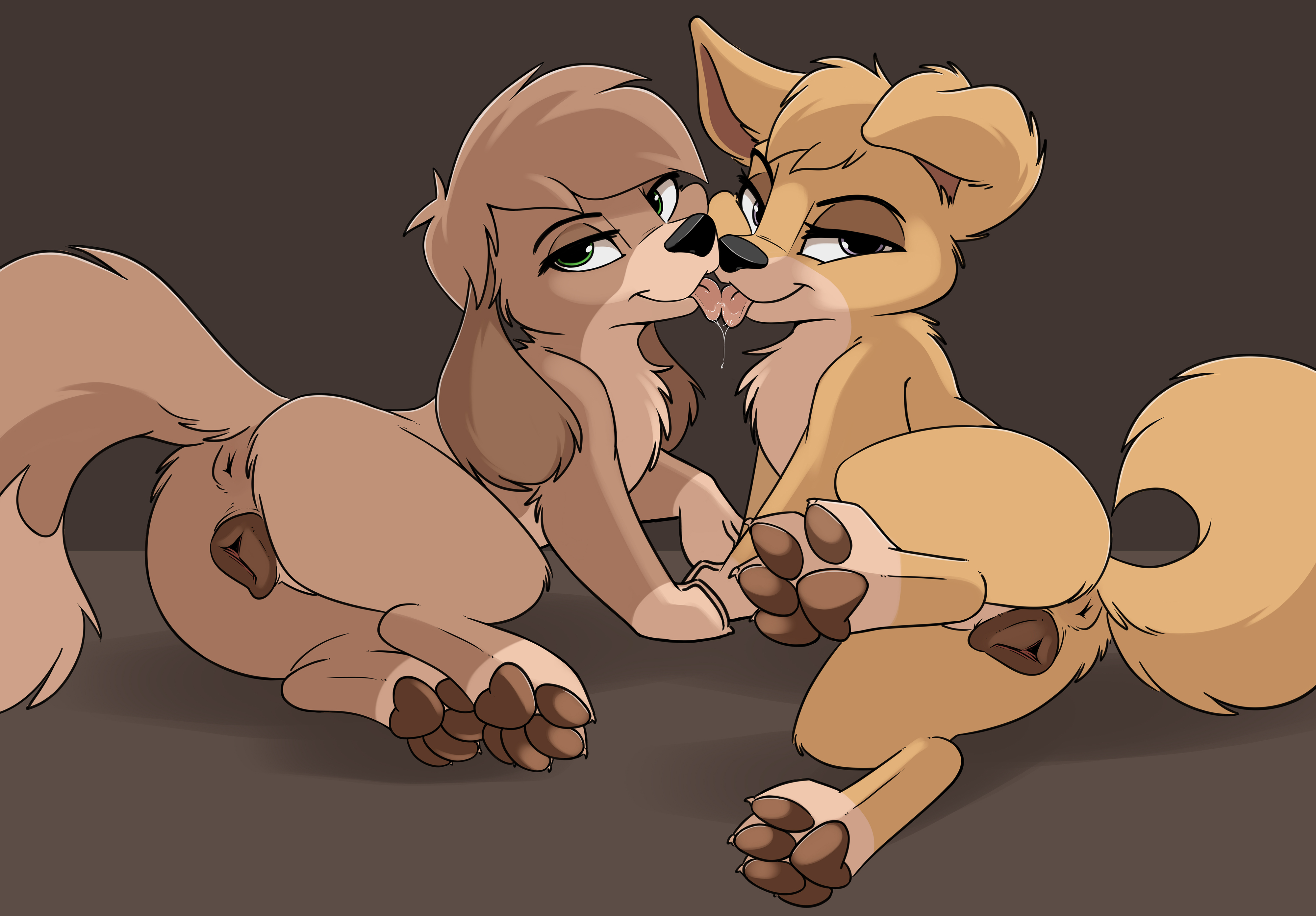 2021, absurd res, angel (lady and the tramp), animal genitalia, animal pussy, anus, bedroom eyes, bodily fluids, canid, canine, canine pussy, canis, cub, disney, domestic dog, drooling, duo, female, female cub, female feral, female/female, feral, feral on feral, french kissing, fur, genitals, half-closed eyes, hi res, kissing, lady and the tramp, looking at viewer, mammal, multicolored body, multicolored fur, narrowed eyes, pawpads, pussy, saliva, saliva on tongue, seductive, smitty g, take your pick, tan body, tan fur, tongue, tongue out, two-tone body, two-tone fur, young, young female, young feral, younger female, yuri