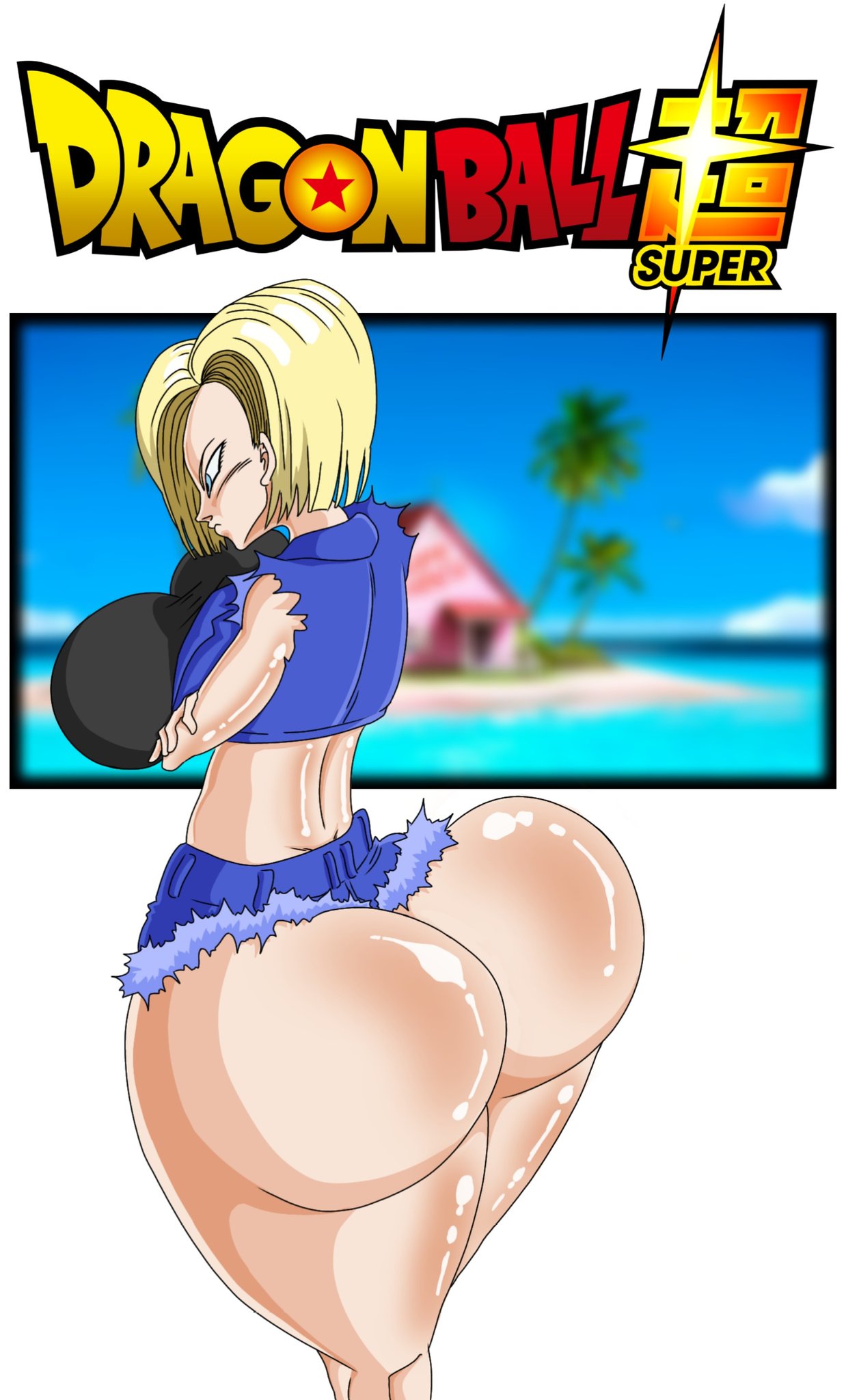 1girls, android, android 18, ass, ass focus, beach, big breasts, blonde hair, blue eyes, breasts, bubble ass, bubble butt, butt focus, clothed, crossed arms, dragon ball, dragon ball super, dragon ball z, female, female only, izero2204, large breasts, looking down, ripped clothing, ripped pants, short hair, simple background, solo, solo female, solo focus, thick thighs, thighs, tree, white background