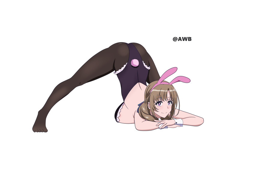 1girls, animal ears, arm rest, awbillus, breasts, bright pupils, brown hair, correct artstyle, face down ass up, female, female only, higher resolution available, jack-o' challenge, leotard, long hair, looking at viewer, meme, oosuki mamako, pantyhose, playboy bunny, purple eyes, rabbit ears, simple background, smile, solo, spread legs, top-down bottom-up, tsuujou kougeki ga zentai kougeki de ni-kai kougeki no okaasan wa suki desu ka?, white background, white pupils, wide spread legs