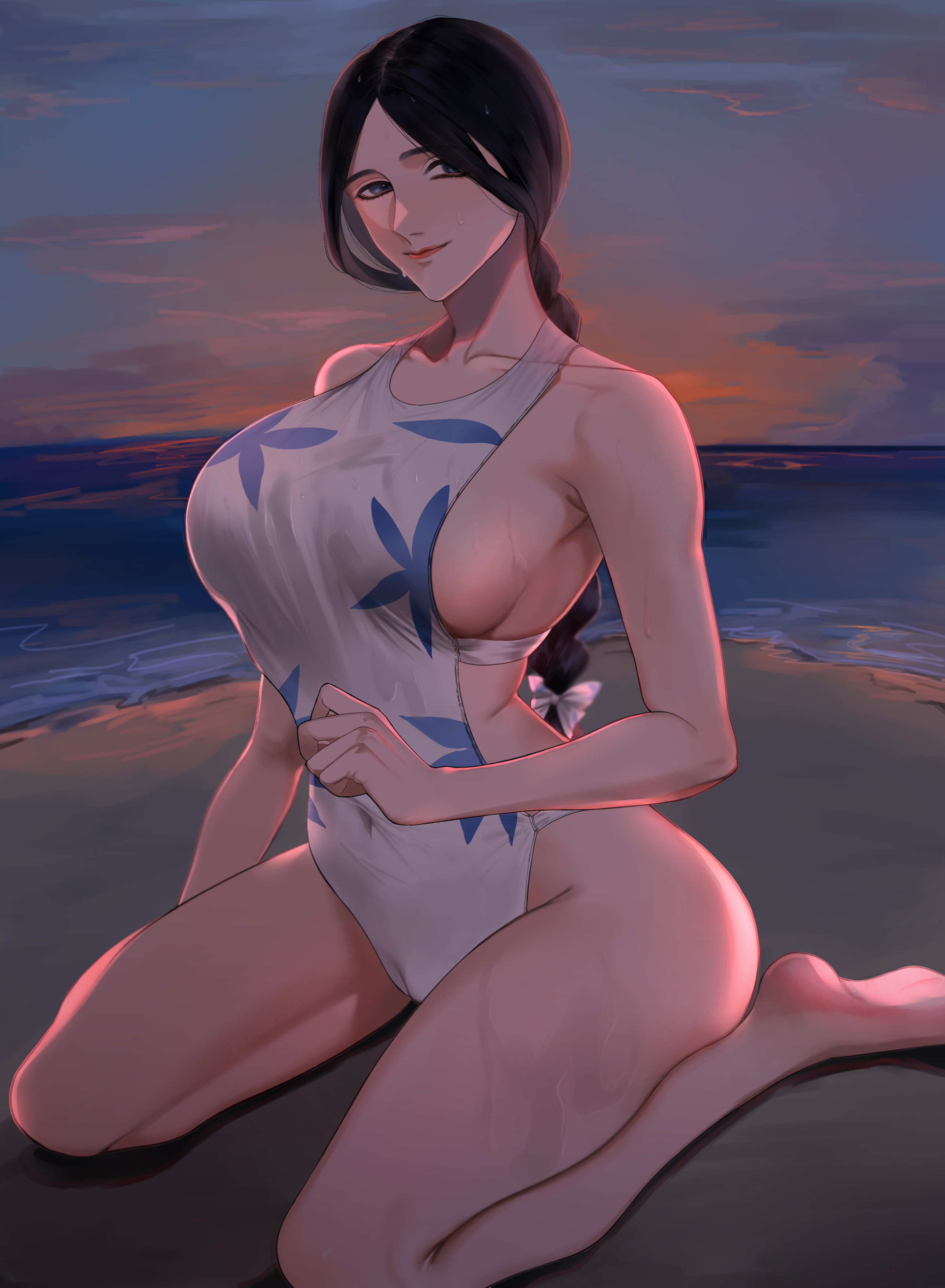 1girls, ayunoshioyaki, bare legs, bare shoulders, barefoot, beach, big breasts, black hair, bleach, blue hair, braid, braided ponytail, breasts, busty, cameltoe, collarbone, female, female only, floral print, hourglass figure, huge breasts, kneeling, light skin, light-skinned female, lipstick, looking at viewer, makeup, mature, mature female, ocean, on knees, one-piece swimsuit, outdoors, parted bangs, pony, ponytail, pussy, sand, shiny, shiny hair, shiny skin, shore, skindentation, slim waist, smile, solo, solo focus, sunset, swimsuit, tied hair, unohana retsu, voluptuous, water, wet, wet body, wet hair, wet skin, wet swimsuit, wide hips