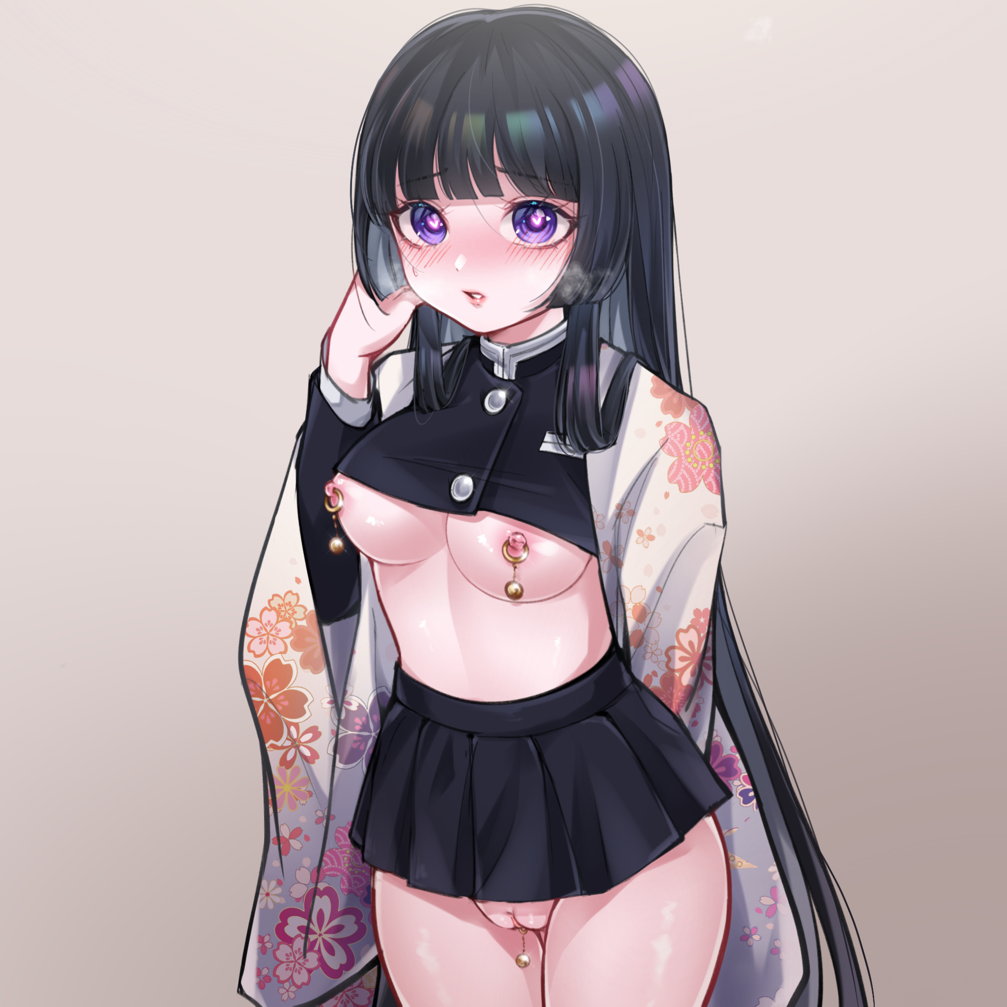 bangs, black hair, blush, bottomless, bottomless skirt, crop top, demon slayer, female, female only, functionally nude, haori, heart-shaped pupils, hime cut, kimetsu no yaiba, light skin, light-skinned female, long hair, long sleeves, looking at viewer, microskirt, miniskirt, nipple piercing, nipples, no bra, no panties, original character, pale skin, pale-skinned female, piercing, pleated skirt, pointless clothing, purple eyes, pussy, pussy piercing, qwq68782385, revealing clothes, shaved pussy, skimpy, skirt, solo, sweatdrop, uncensored, visible breath, yui (qwq68782385)