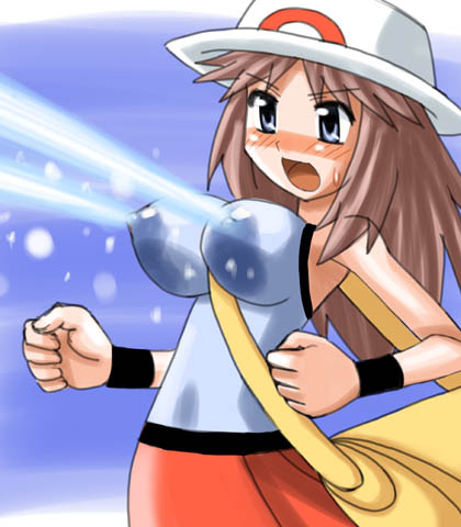 1girls 2008 7:8 alternate_breast_size armpits attack bag bare_shoulders between_breasts blue_eyes blush breast_beam breasts brown_hair clothed clothing copo_deluxe energy_beam erect_nipples erect_nipples_under_clothes eyebrows_visible_through_hair female female_only hat hydro_cannon_(pokemon_move) large_breasts leaf_(pokemon) long_hair lowres nintendo nipple_bulge open_mouth outdoor pokemon pokemon_adventures pokemon_frlg pokemon_rgby shirt skirt sky sleeveless sleeveless_shirt solo standing sweat tongue water water_gun water_jet weaponized_breasts wet wet_clothes what wristband