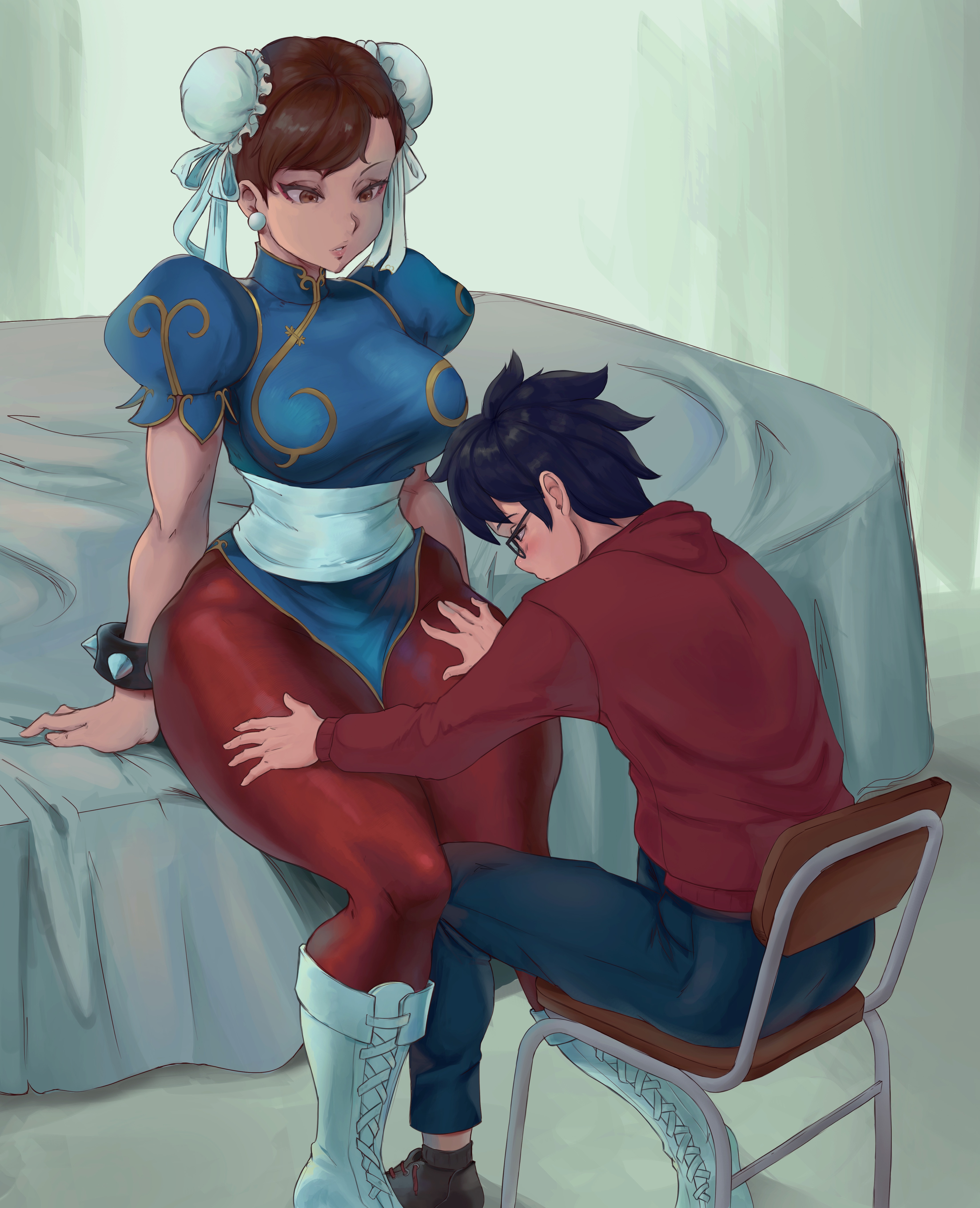 1boy, 1girls, absurdres, bed, bedroom, boots, bracelet, brown eyes, brown hair, capcom, china dress, chinese clothes, chun-li, cutesexyrobutts (style), dress, earrings, female, hair bun, highres, jewelry, leggings, legs, lesottart, male, massage, pantyhose, sash, sitting, spiked bracelet, spikes, street fighter, street fighter ii, thick thighs, thigh grab, thighs, tights, white footwear