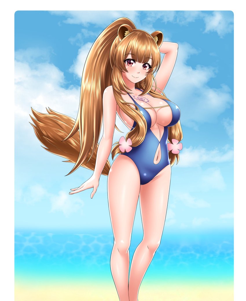 animal ears, bangs, beach, blue swimsuit, breasts, brown hair, closed mouth, enly art, female, flower, hair flower, hair ornament, highres, large breasts, looking at viewer, pink eyes, ponytail, raccoon ears, raccoon tail, raphtalia, smile, solo, standing, swimsuit, tail, tate no yuusha no nariagari