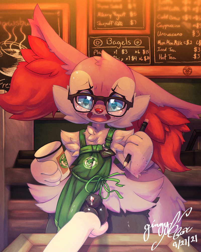 2021 animal_genitalia anthro apron apron_only ball_fondling balls blue_eyes bodily_fluids braixen clothing coffee_cup coffee_shop cum duo english_text eyewear flustered fondling forced forced_exposure freckles genital_fluids genitals gingy_(gingy_k_fox) gingy_k_fox glasses grope groping_balls iced_latte_with_breast_milk male meme mostly_nude nintendo no_humans penis penis_tip pokémon_(species) pokemon pokemon_(species) pokemon_only precum public public_exposure shaded sheath shiny_pokemon signature solo_focus text video_games water