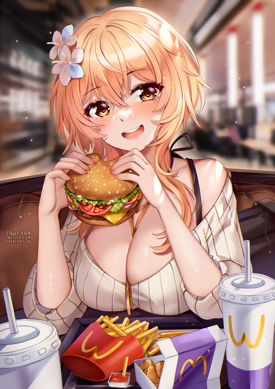 1girls big_breasts blonde_hair blush bra_strap breasts burger cleavage eating female female_focus flower_in_hair flowers_in_hair french_fries genshin_impact hamburger light-skinned_female light_skin lumine_(genshin_impact) mcdonald's off_shoulder revealing_clothes short_hair squchan yellow_eyes