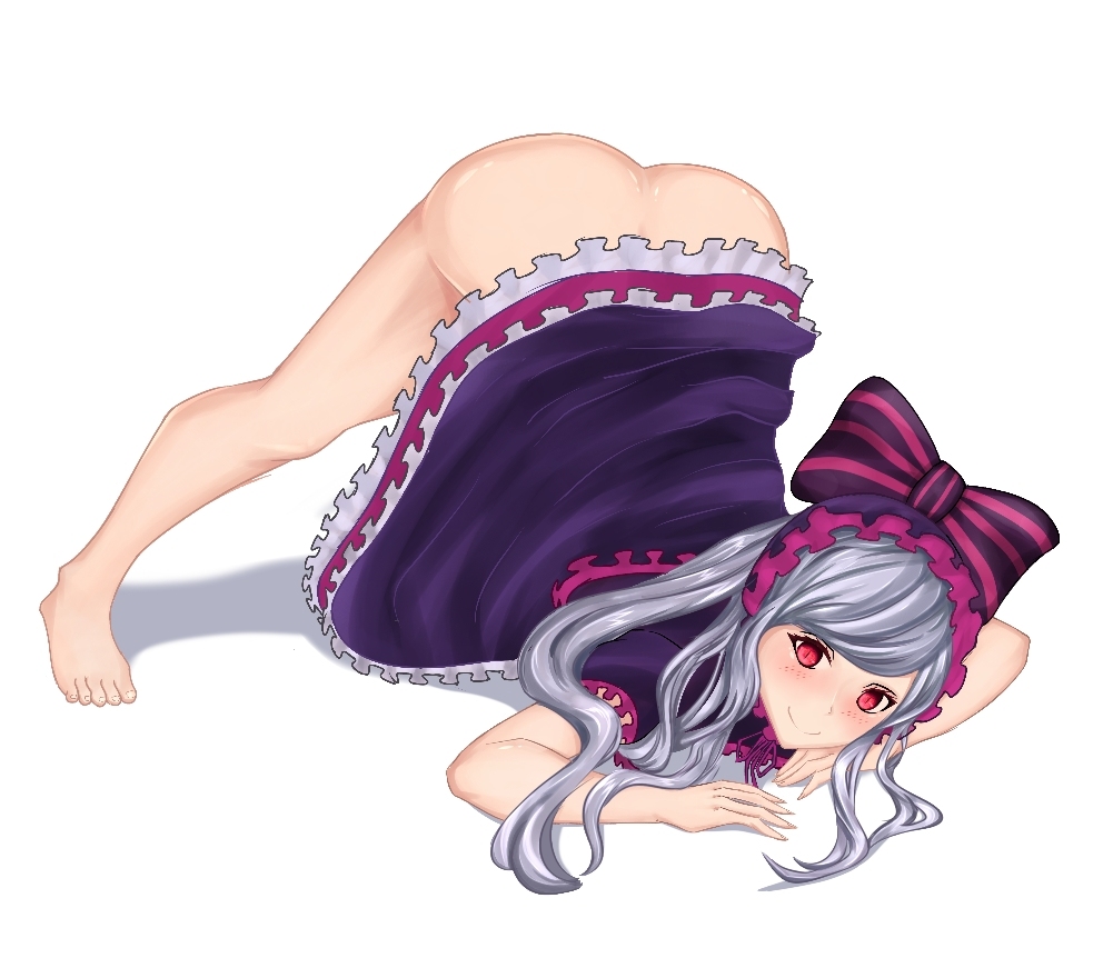1girls, bare legs, barefoot, female, gothic lolita, jackochallenge, looking at viewer, no panties, overlord (maruyama), red eyes, ribbon, shalltear bloodfallen, smile, white background, white hair