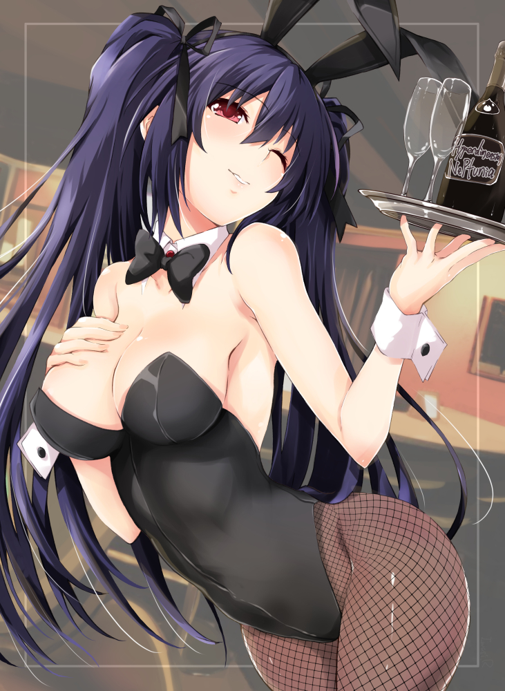 black hair, breasts, bunny girl, bunnysuit, female, fishnets, hand on breast, iwasi r, medium breasts, neptunia (series), noire, pantyhose, red eyes, smile, twintails, waitress, wink