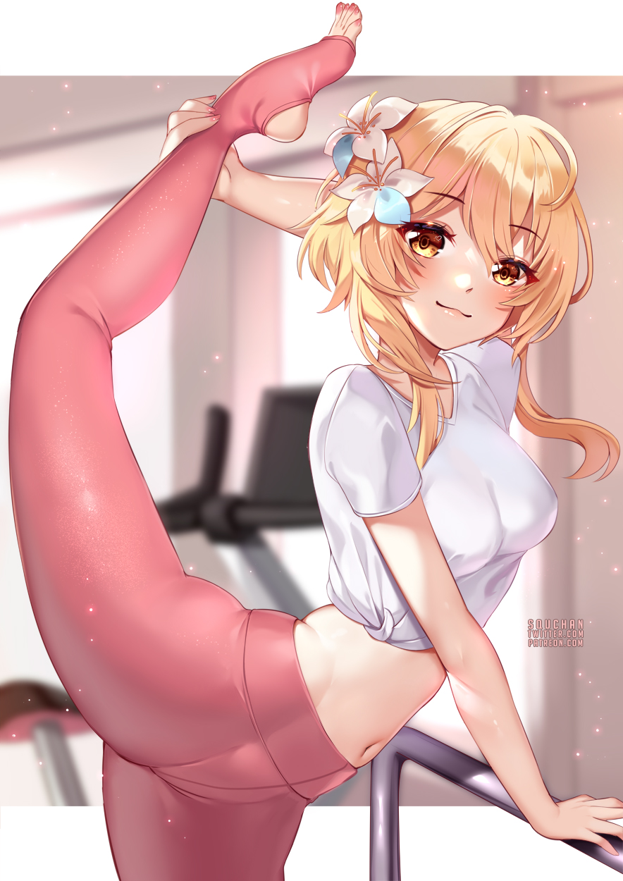 :3, artist name, bangs, blonde hair, blurry, blurry background, blush, breasts, commentary, crop top, english commentary, eyebrows visible through hair, female, flower, genshin impact, hair flower, hair ornament, head tilt, highres, indoors, leg up, light particles, looking at viewer, lumine (genshin impact), medium breasts, midriff, nail polish, navel, pantyhose, pink legwear, pink nails, shirt, short hair, short sleeves, smile, solo, squchan, stirrup legwear, stomach, stretch, thighs, tied shirt, toeless legwear, toenail polish, toenails, white flower, white shirt, yellow eyes, yoga pants